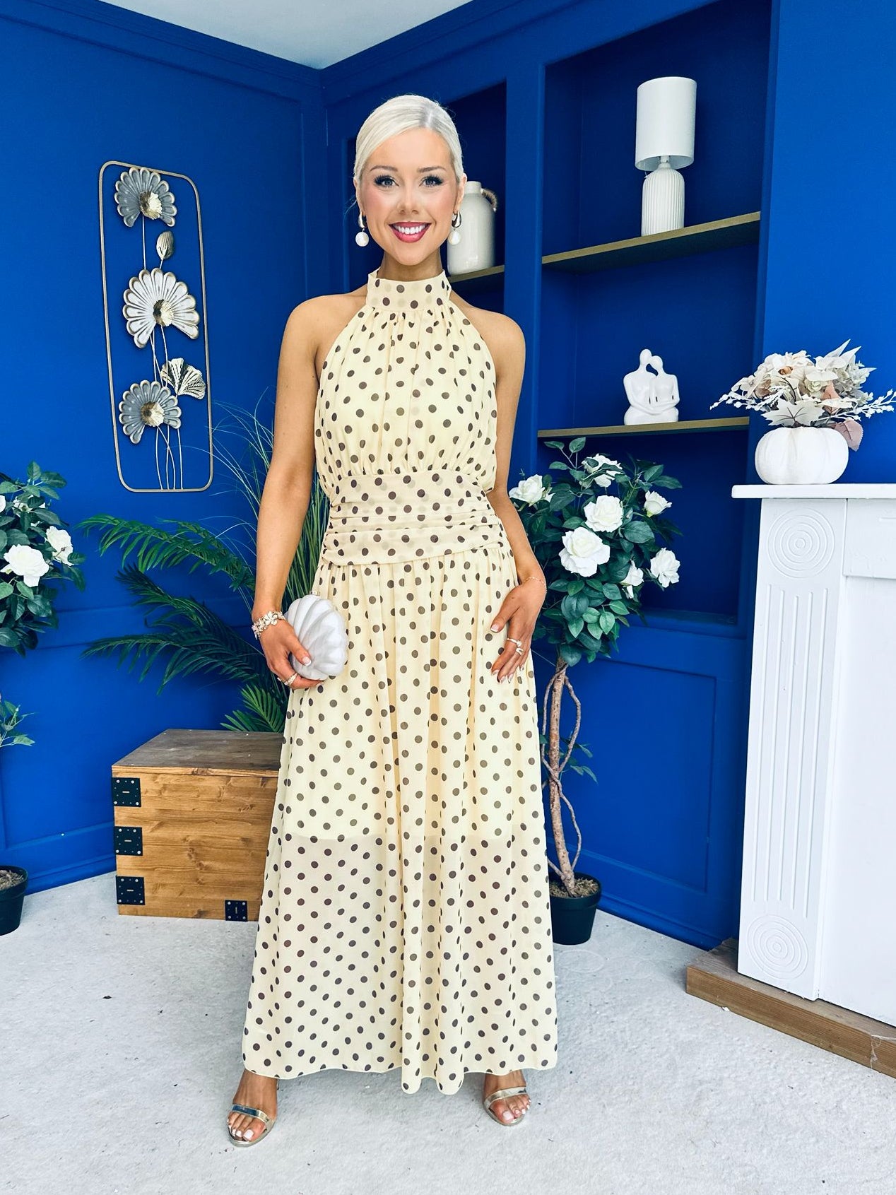 Trinity Banded Halterneck Dress Polka Yellow