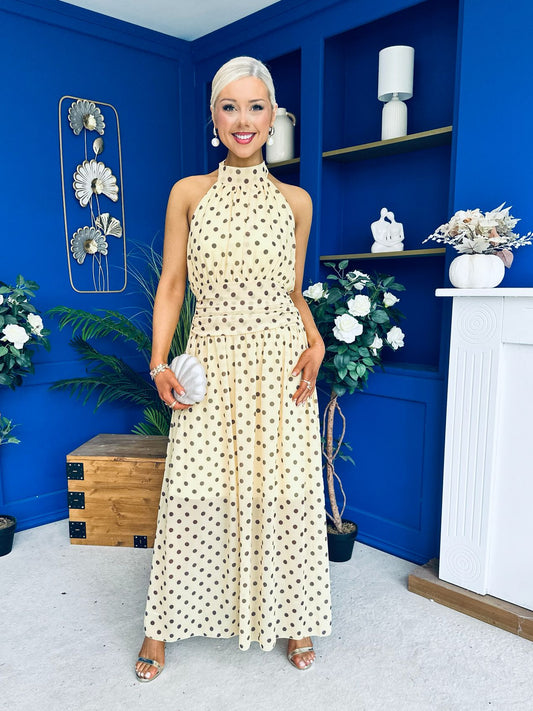 Trinity Banded Halterneck Dress Polka Yellow