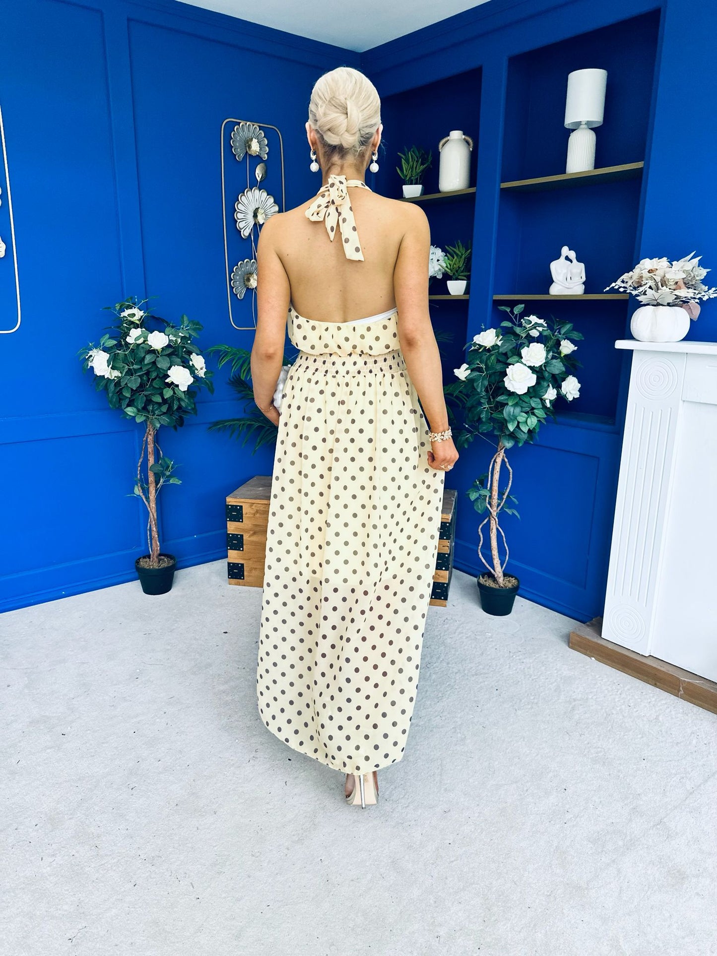 Trinity Banded Halterneck Dress Polka Yellow