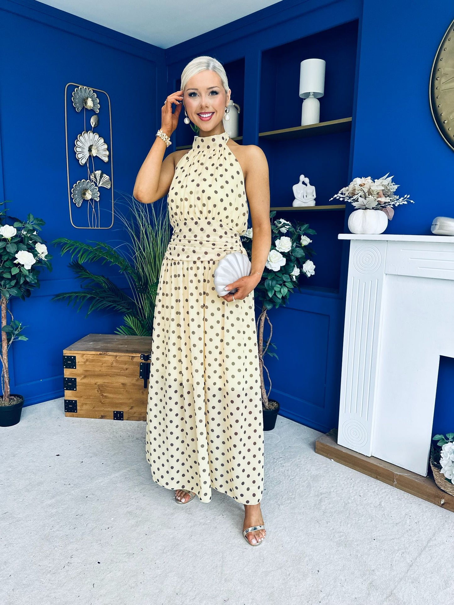 Trinity Banded Halterneck Dress Polka Yellow