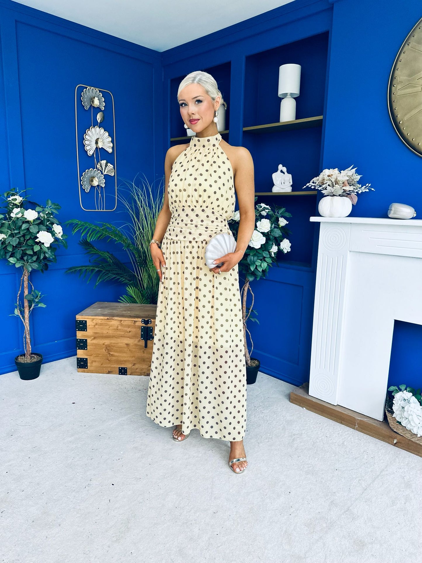 Trinity Banded Halterneck Dress Polka Yellow