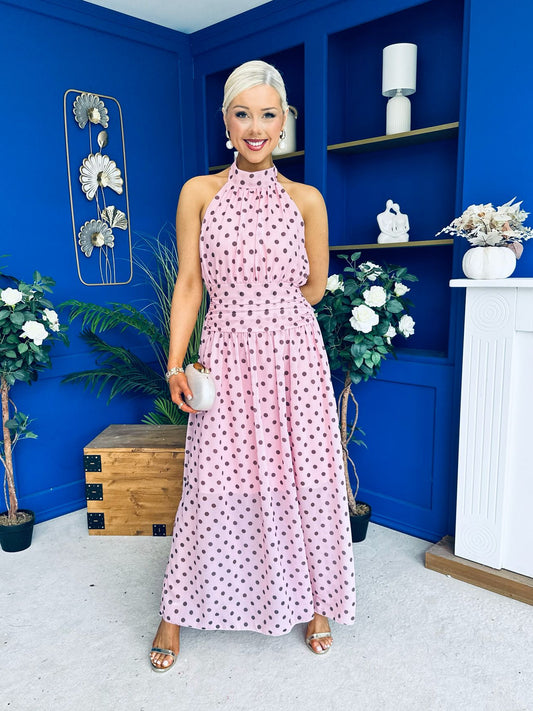 Trinity Banded Halterneck Dress Polka Pink