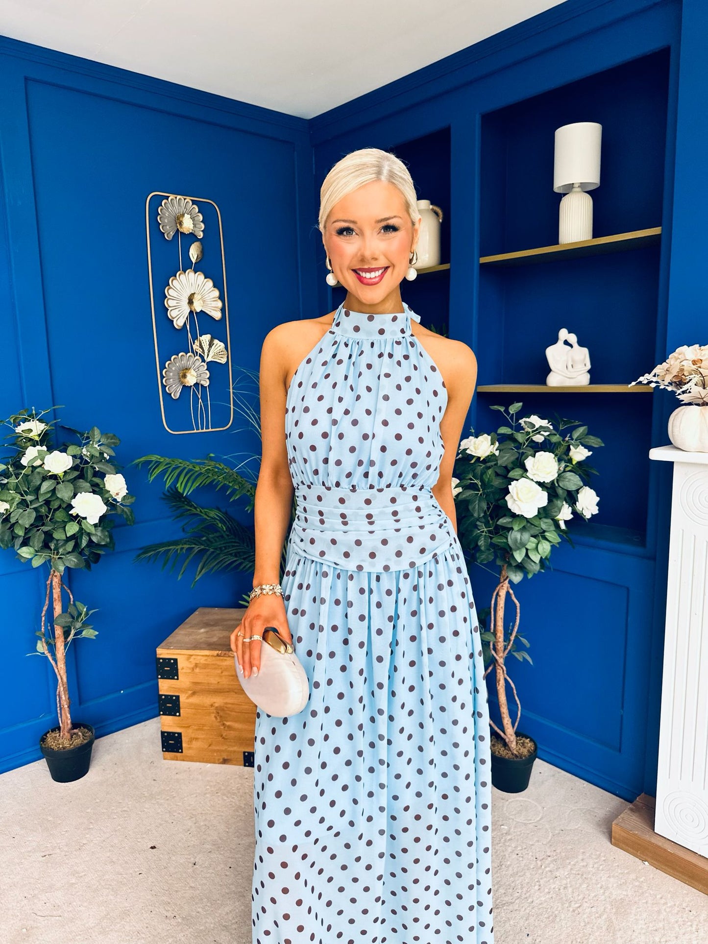 Trinity Banded Halterneck Dress Polka Blue