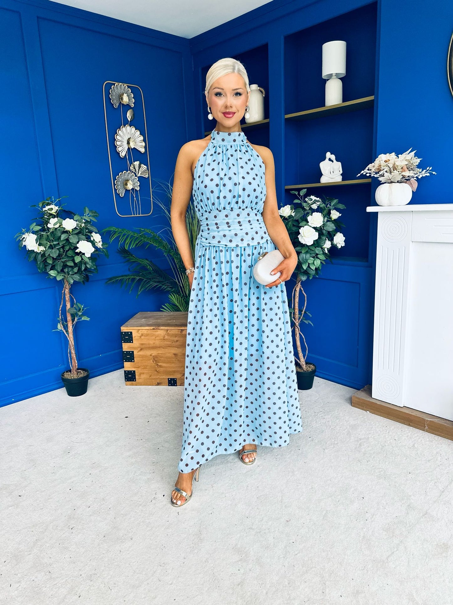 Trinity Banded Halterneck Dress Polka Blue