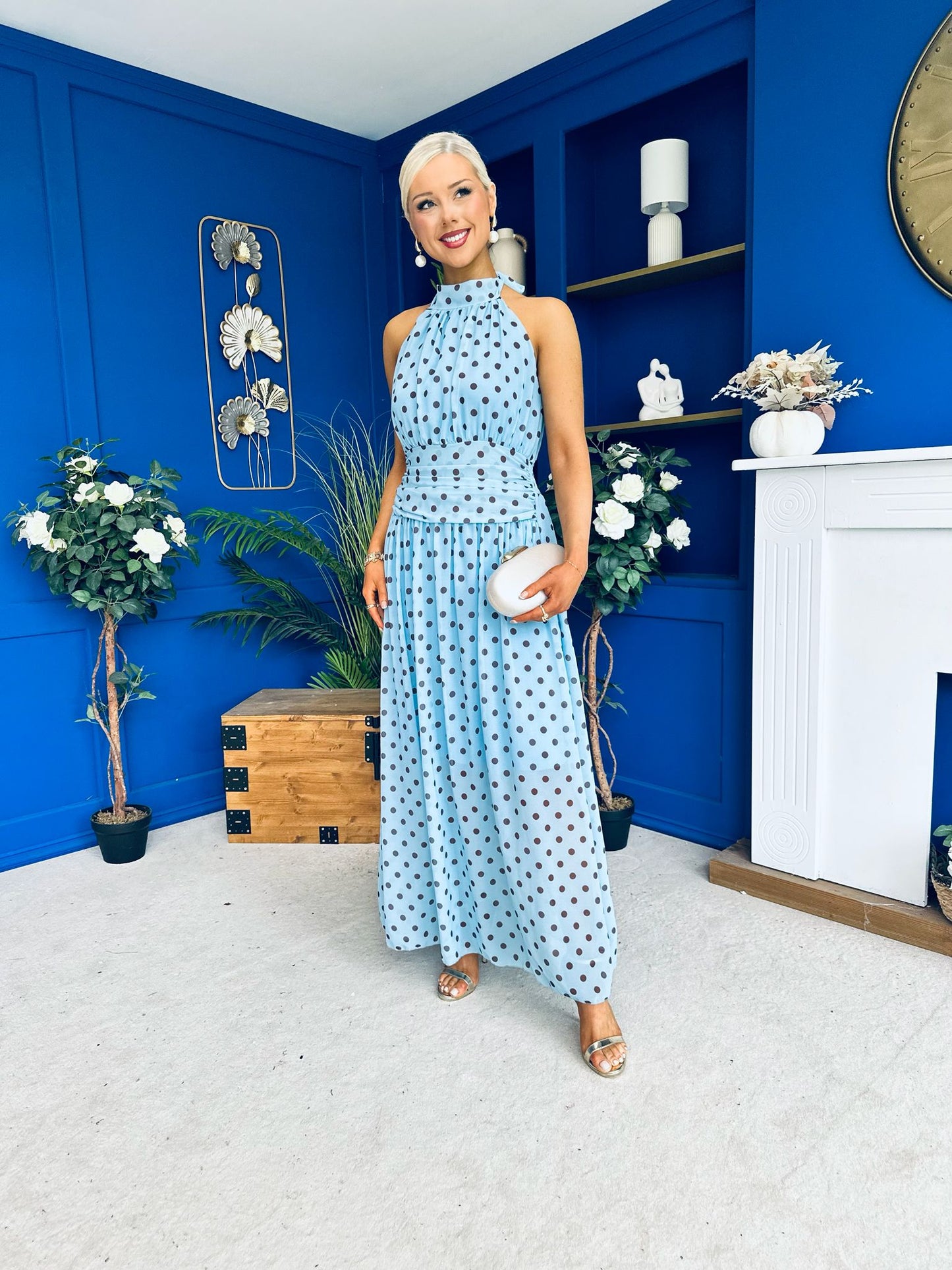 Trinity Banded Halterneck Dress Polka Blue