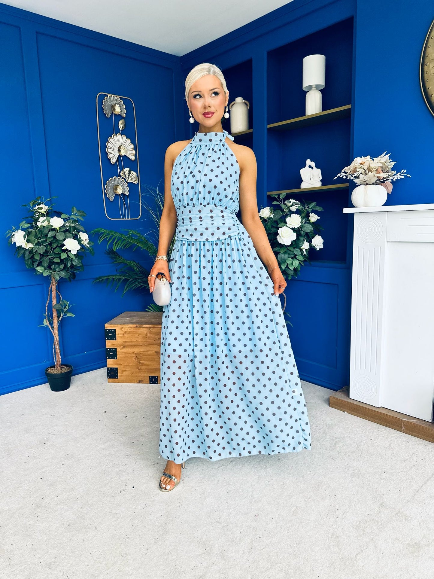 Trinity Banded Halterneck Dress Polka Blue
