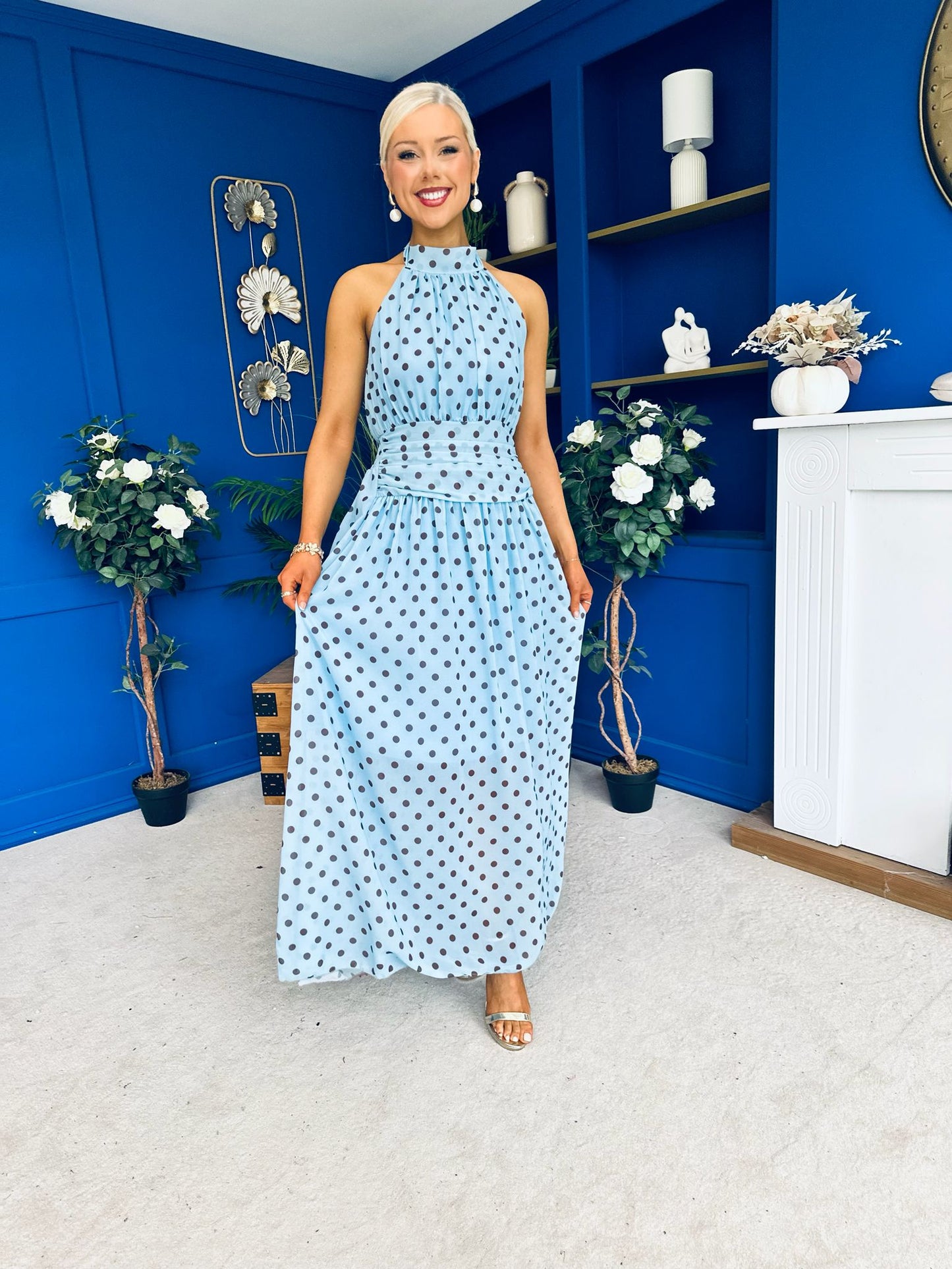 Trinity Banded Halterneck Dress Polka Blue