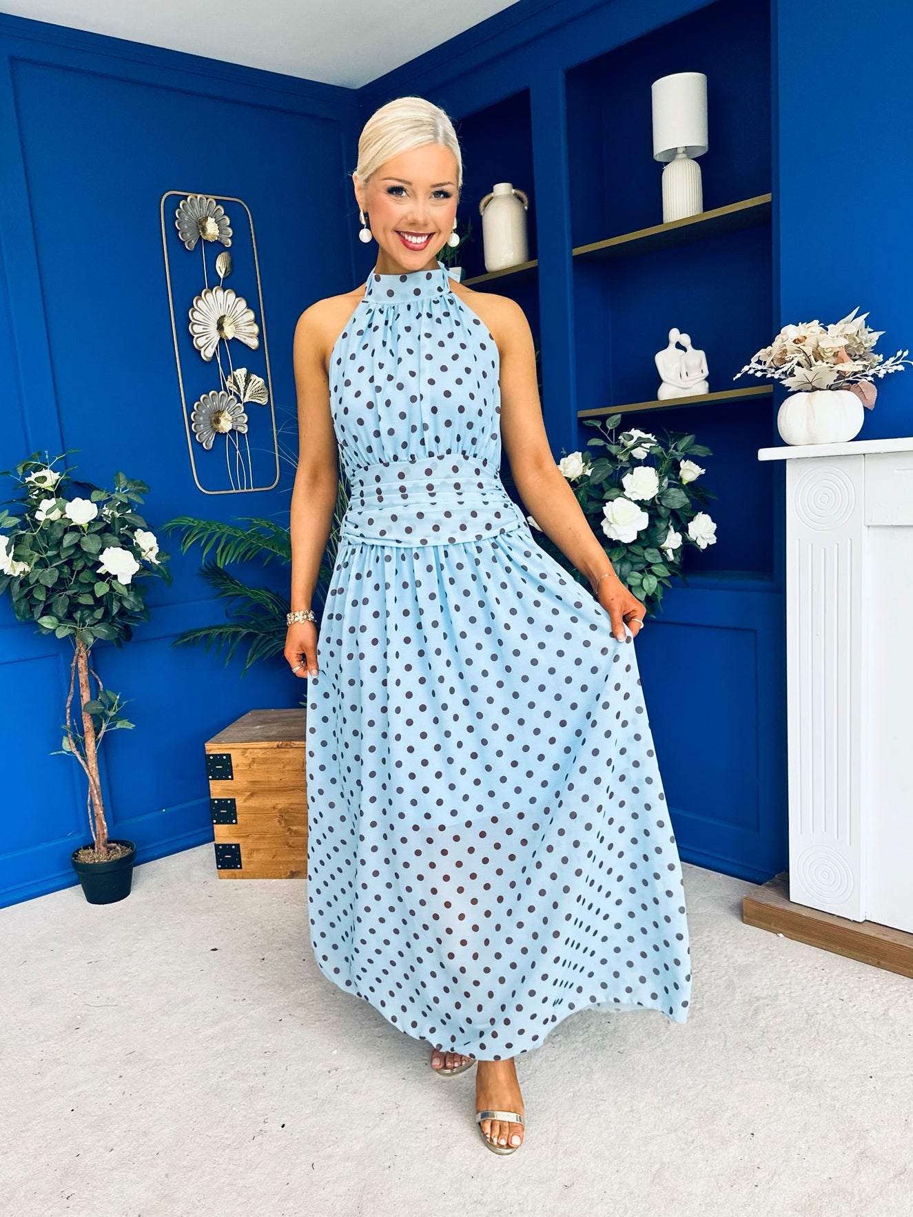 Trinity Banded Halterneck Dress Polka Blue