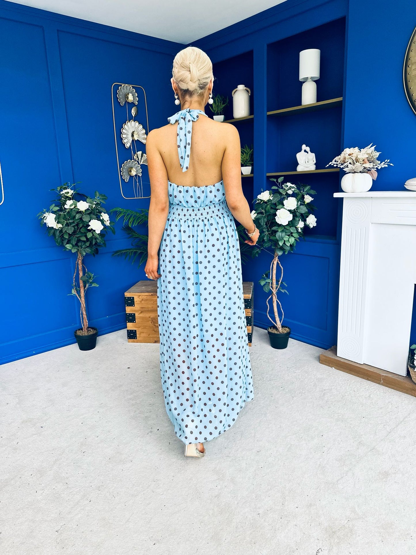 Trinity Banded Halterneck Dress Polka Blue