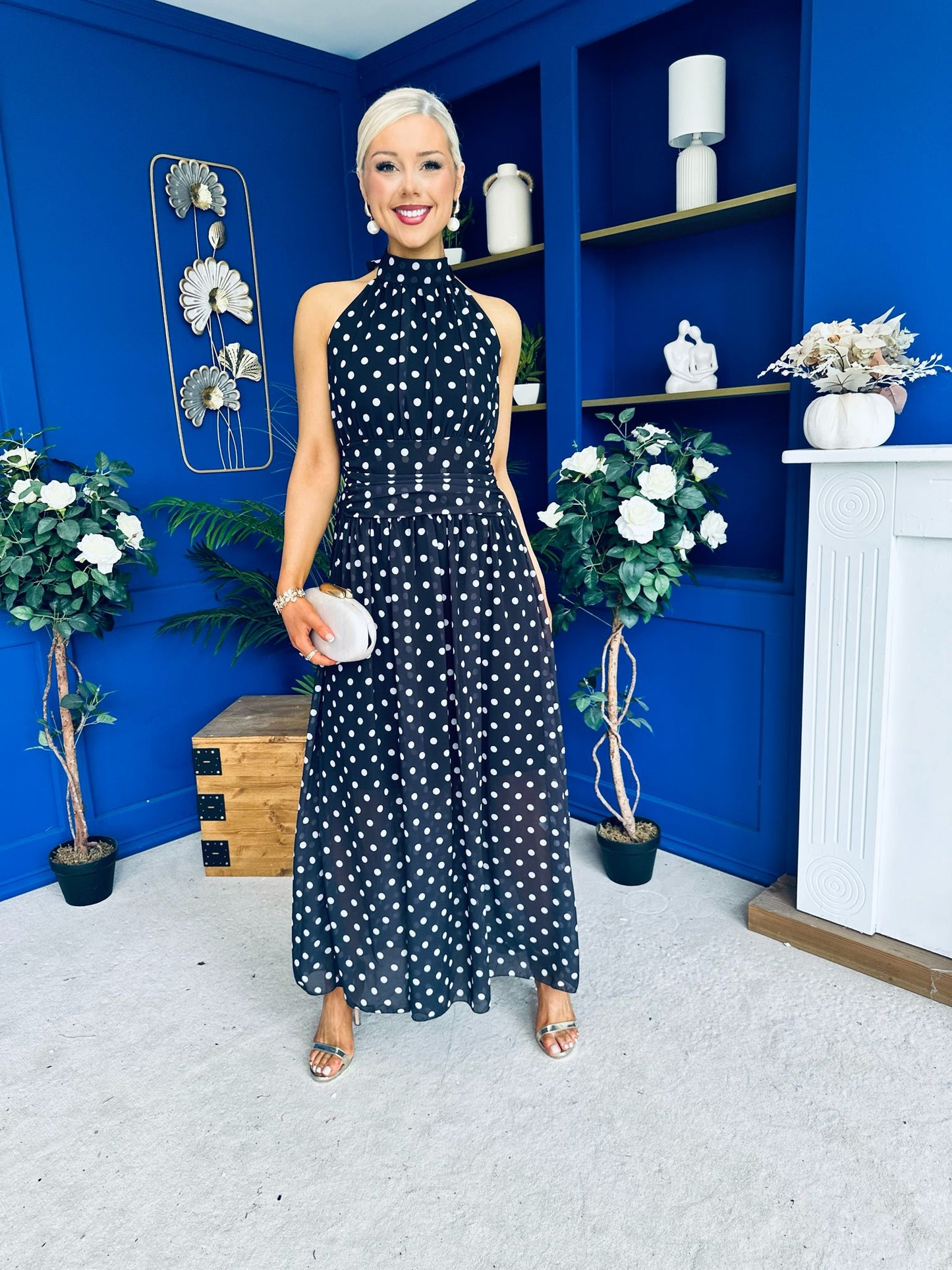 Trinity Banded Halterneck Dress Polka Black