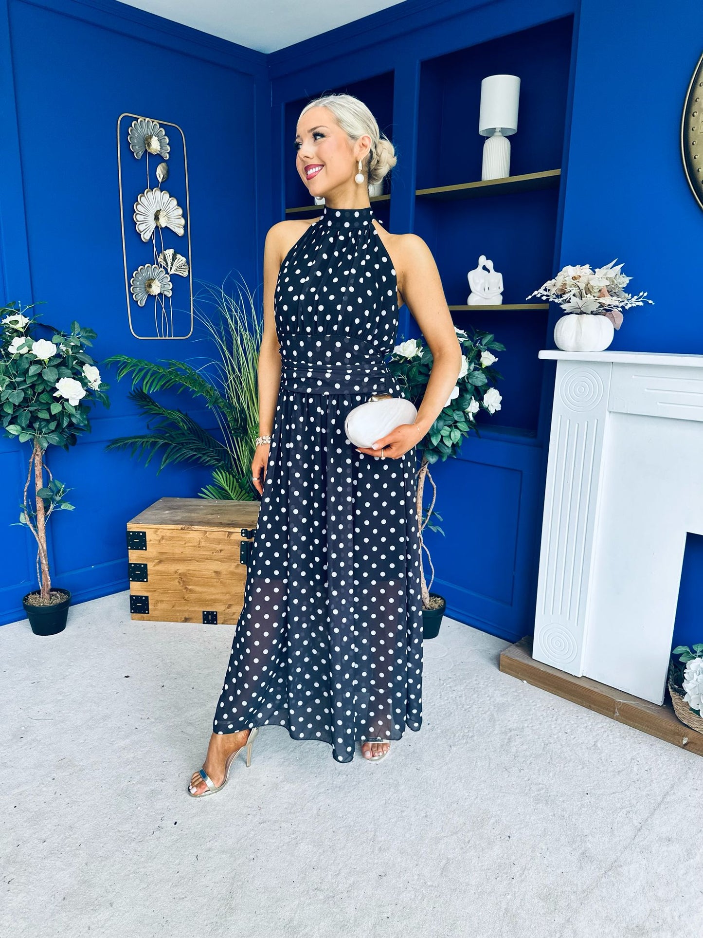 Trinity Banded Halterneck Dress Polka Black
