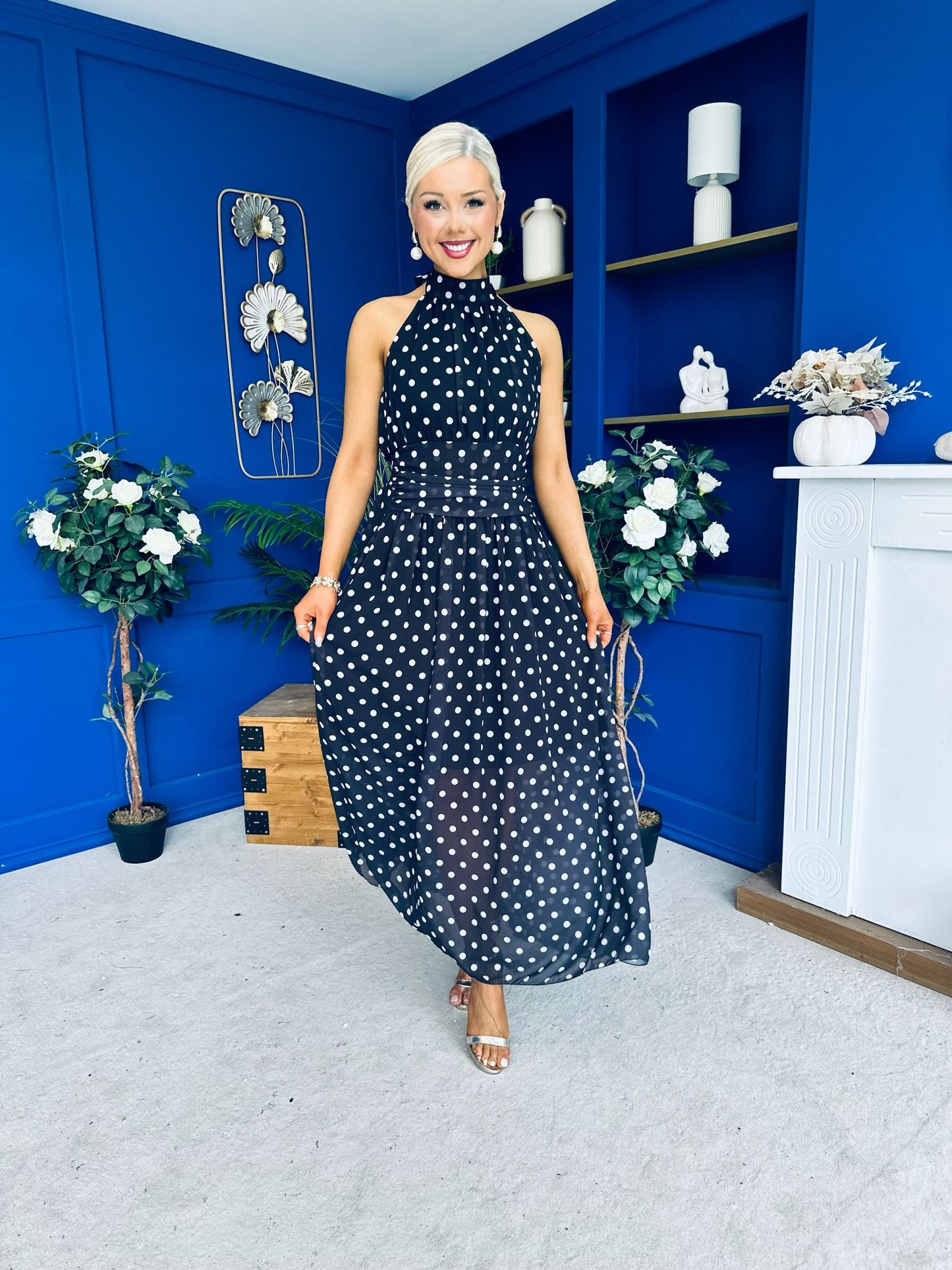 Trinity Banded Halterneck Dress Polka Black