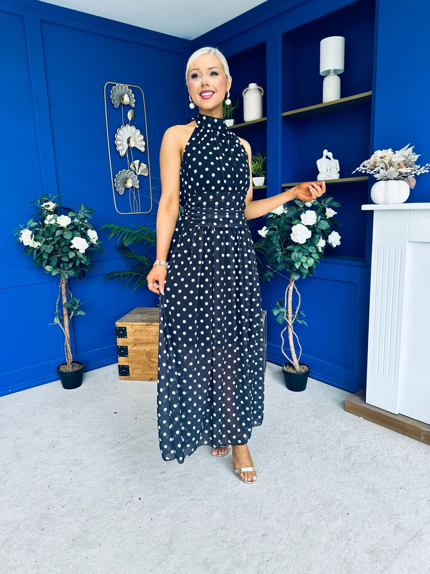 Trinity Banded Halterneck Dress Polka Black