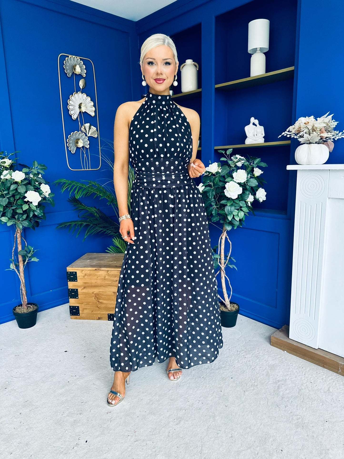 Trinity Banded Halterneck Dress Polka Black