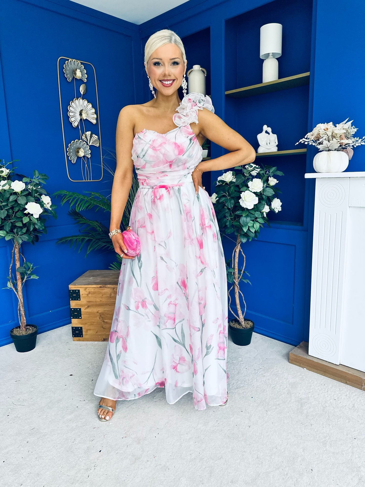 Hailey Gathered Detail Occasion Dress Floral White