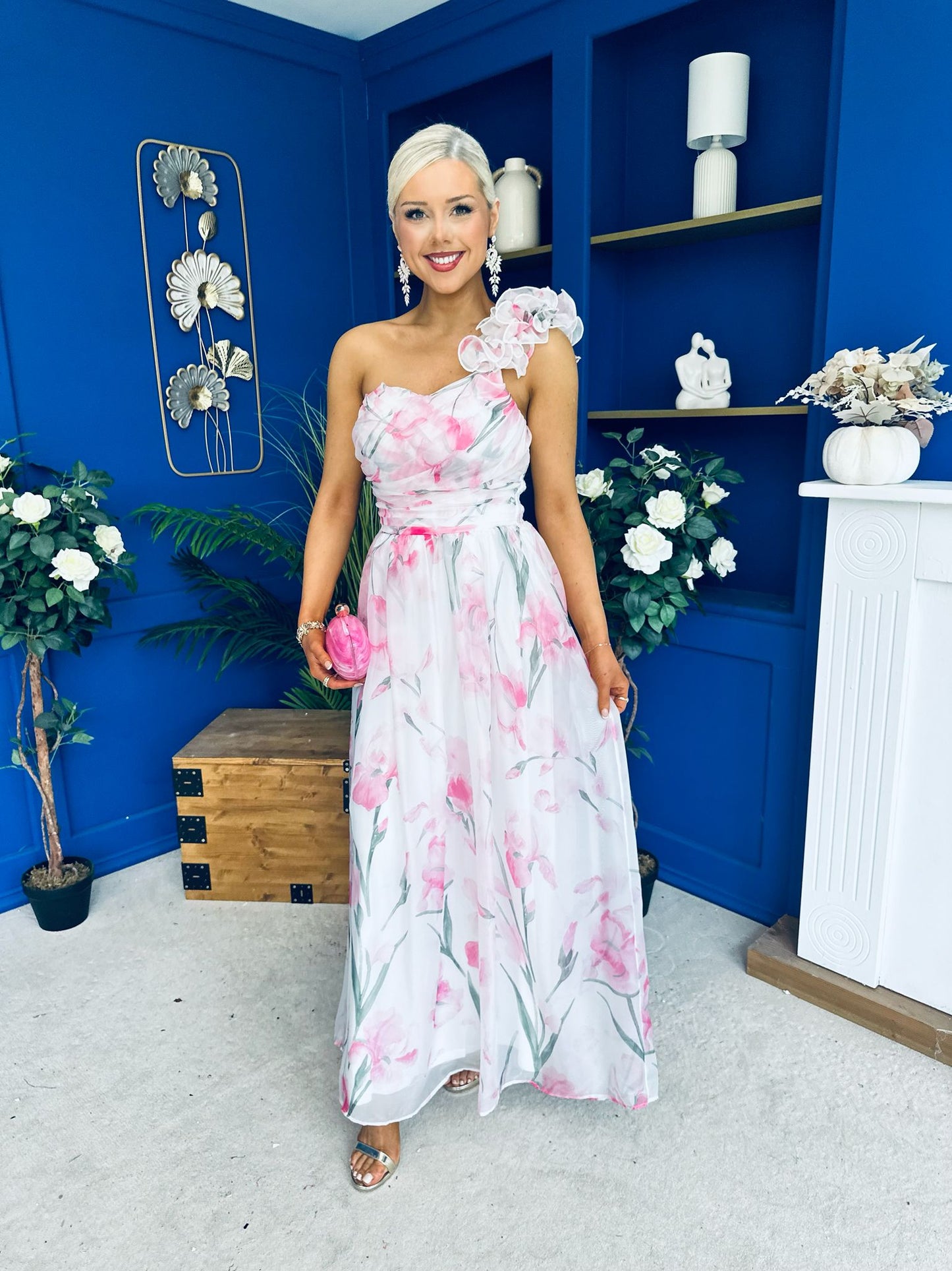 Hailey Gathered Detail Occasion Dress Floral White