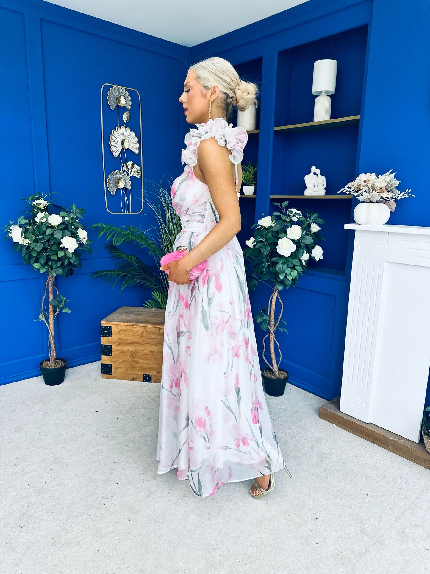 Hailey Gathered Detail Occasion Dress Floral White