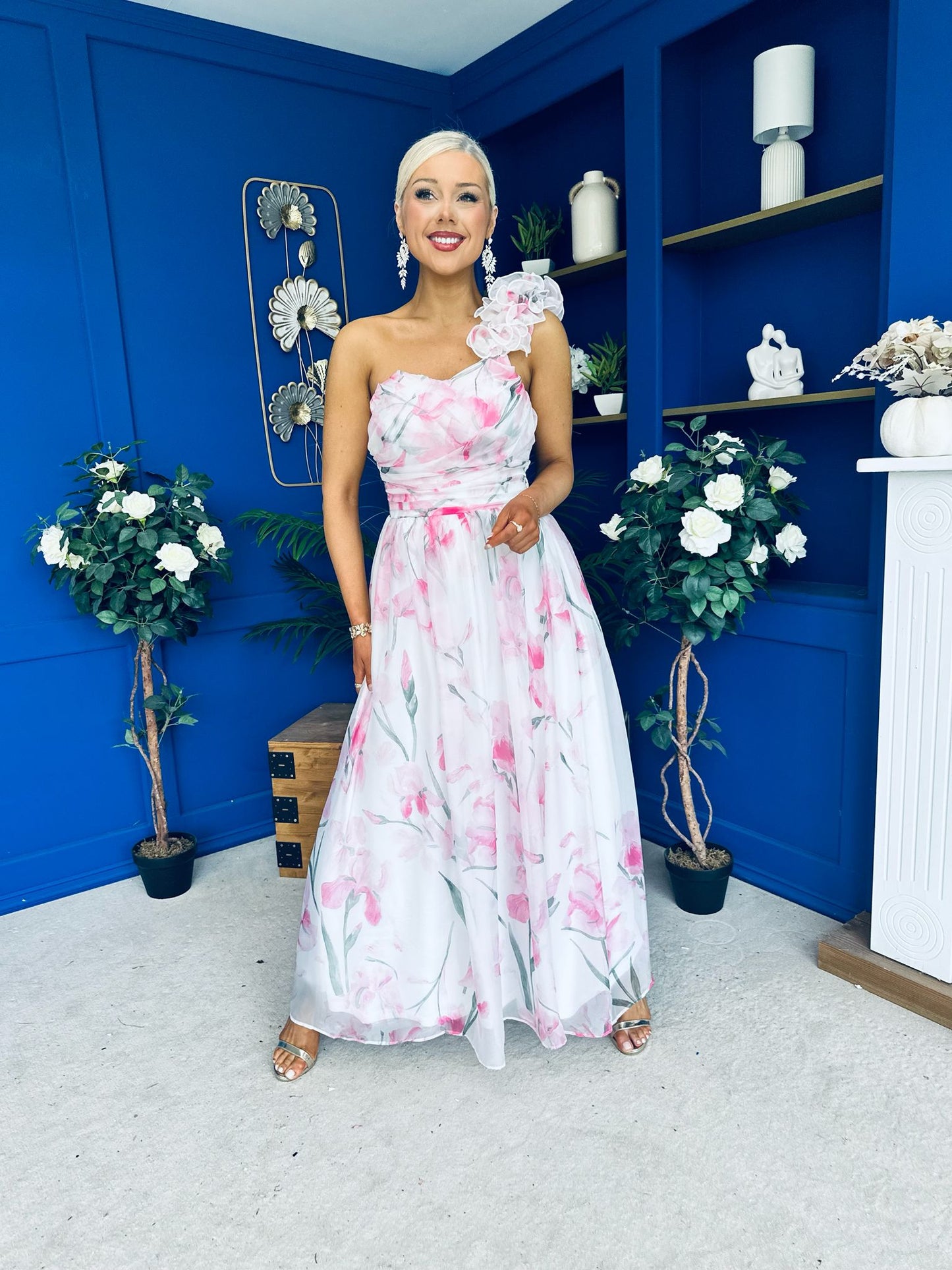 Hailey Gathered Detail Occasion Dress Floral White