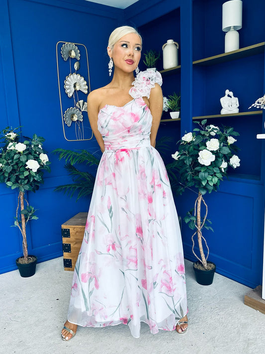 Hailey Gathered Detail Occasion Dress Floral White