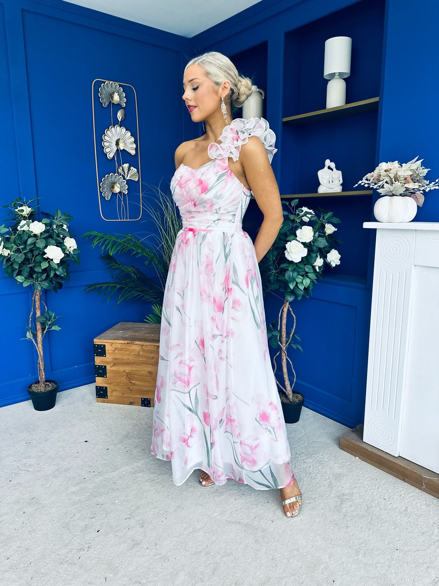 Hailey Gathered Detail Occasion Dress Floral White