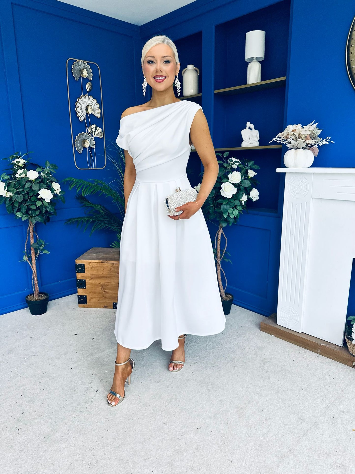 Breffy Asymmetric Neckline Skater Midi White