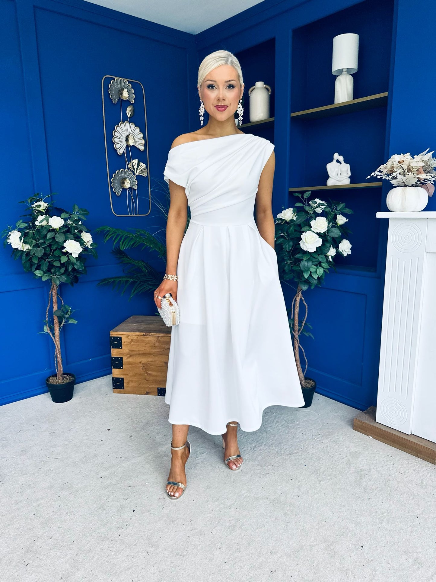 Breffy Asymmetric Neckline Skater Midi White