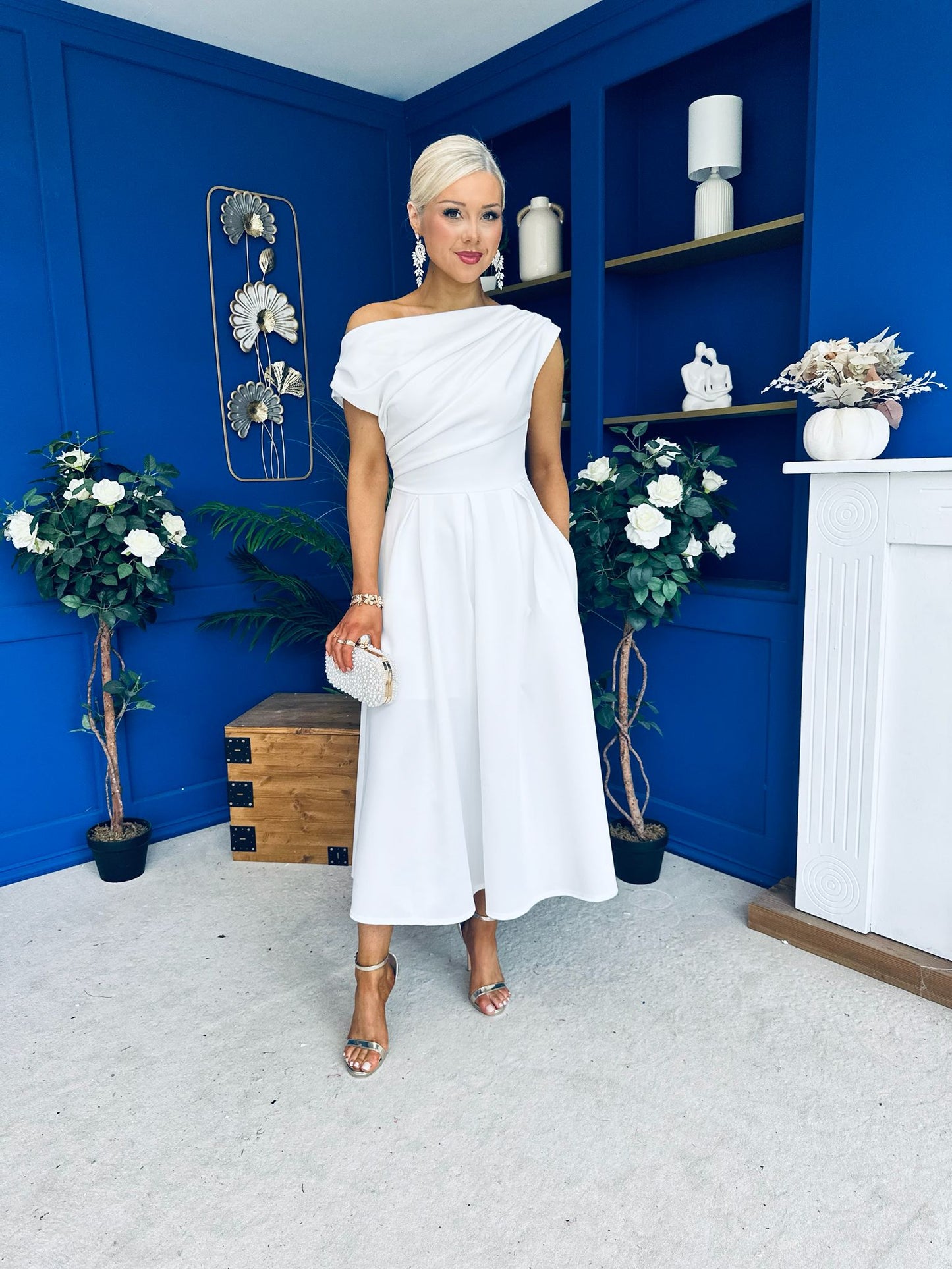 Breffy Asymmetric Neckline Skater Midi White