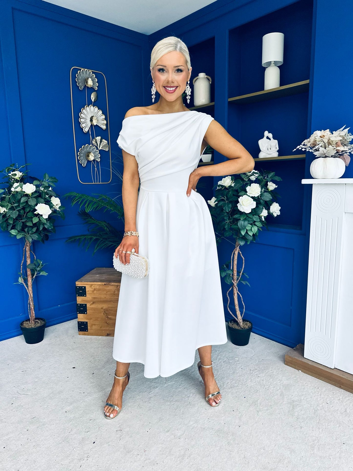 Breffy Asymmetric Neckline Skater Midi White