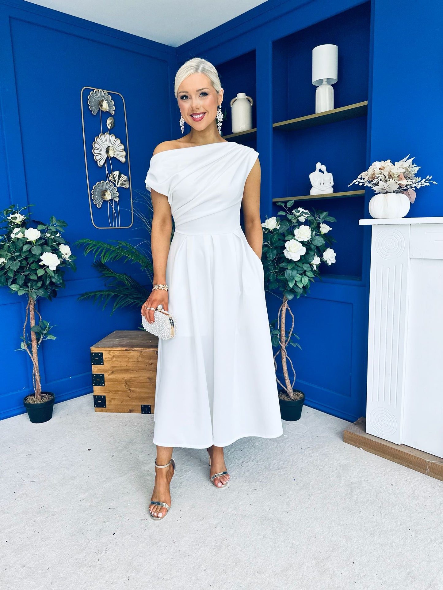 Breffy Asymmetric Neckline Skater Midi White