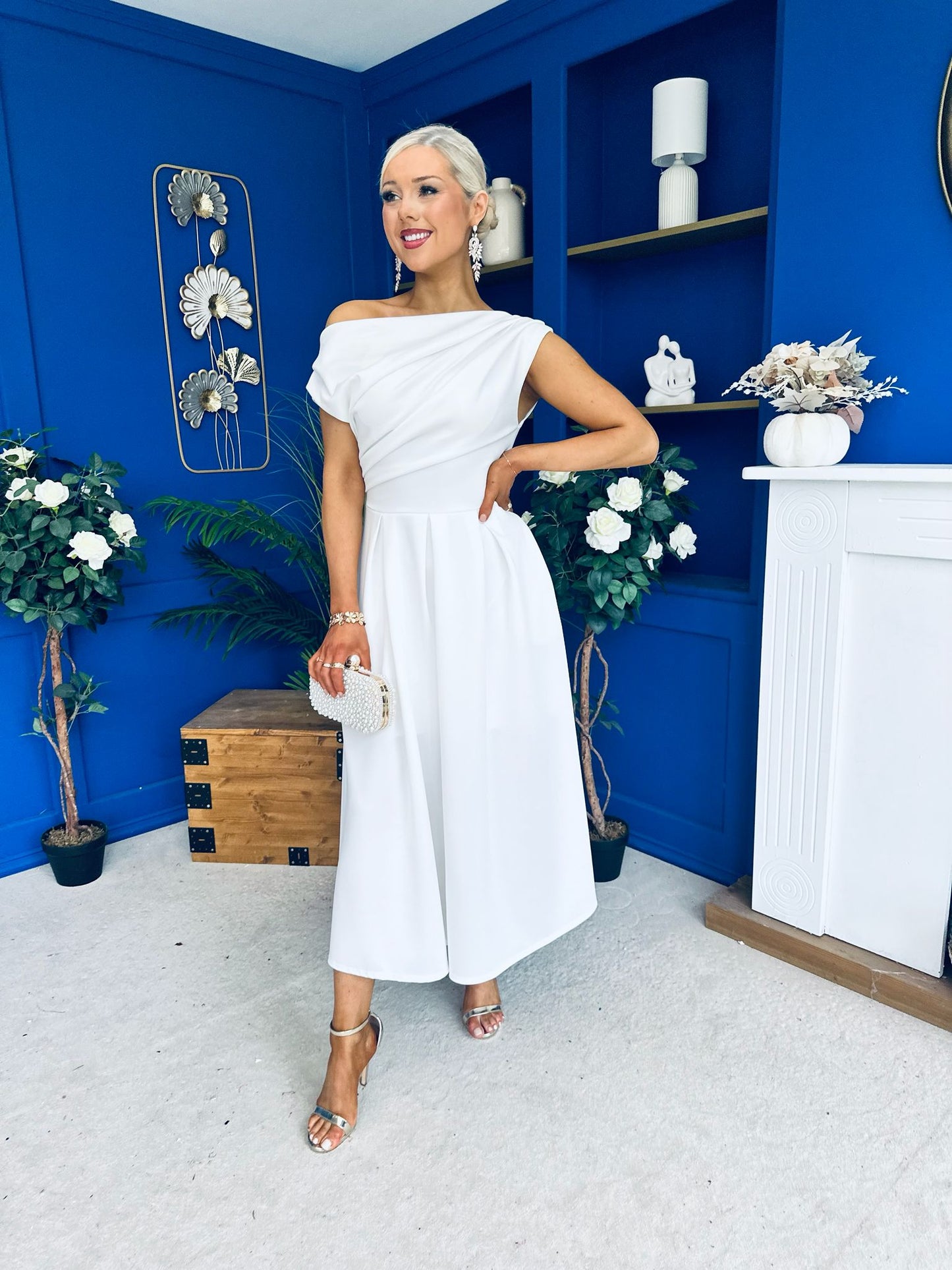 Breffy Asymmetric Neckline Skater Midi White