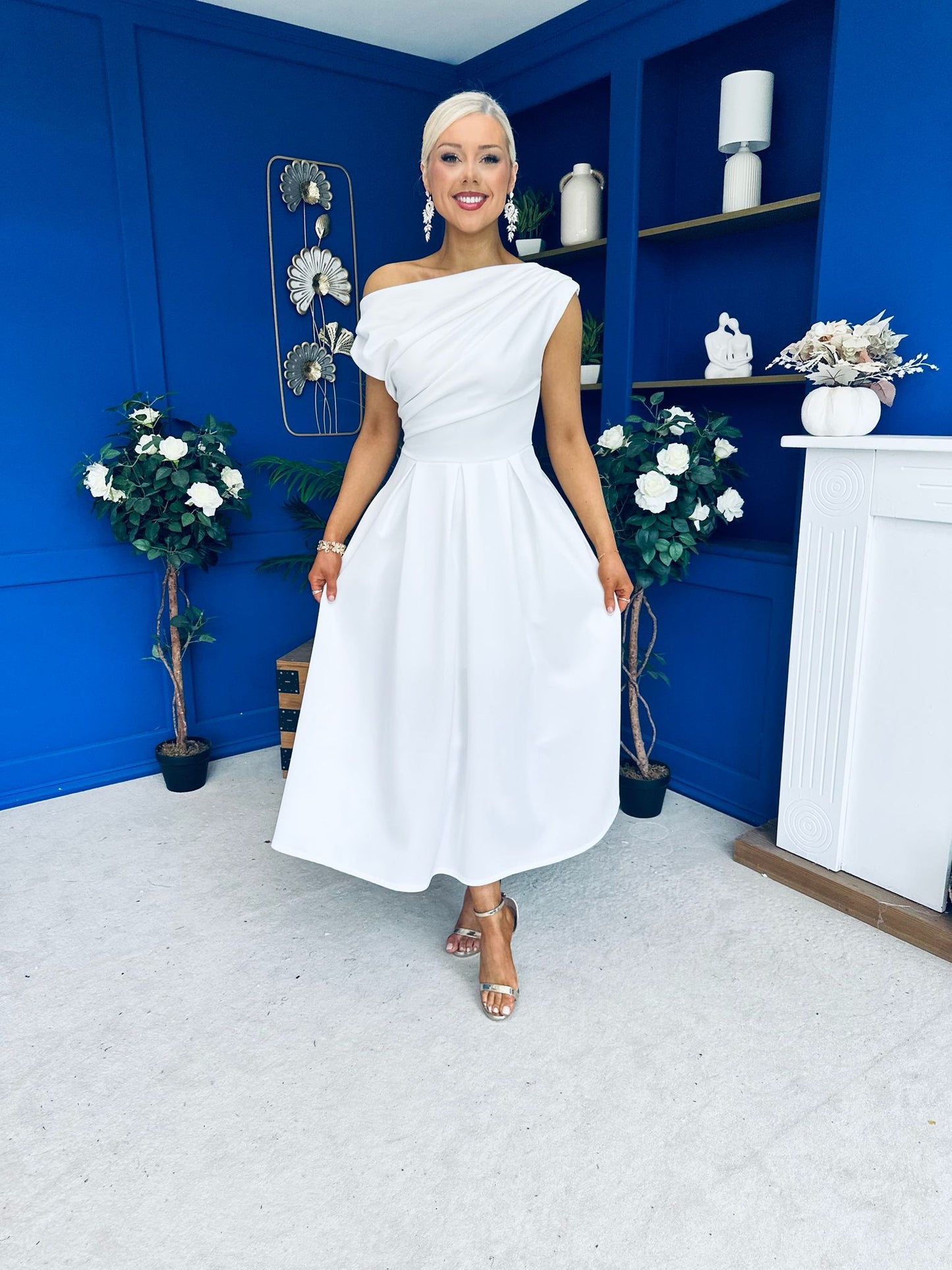 Breffy Asymmetric Neckline Skater Midi White