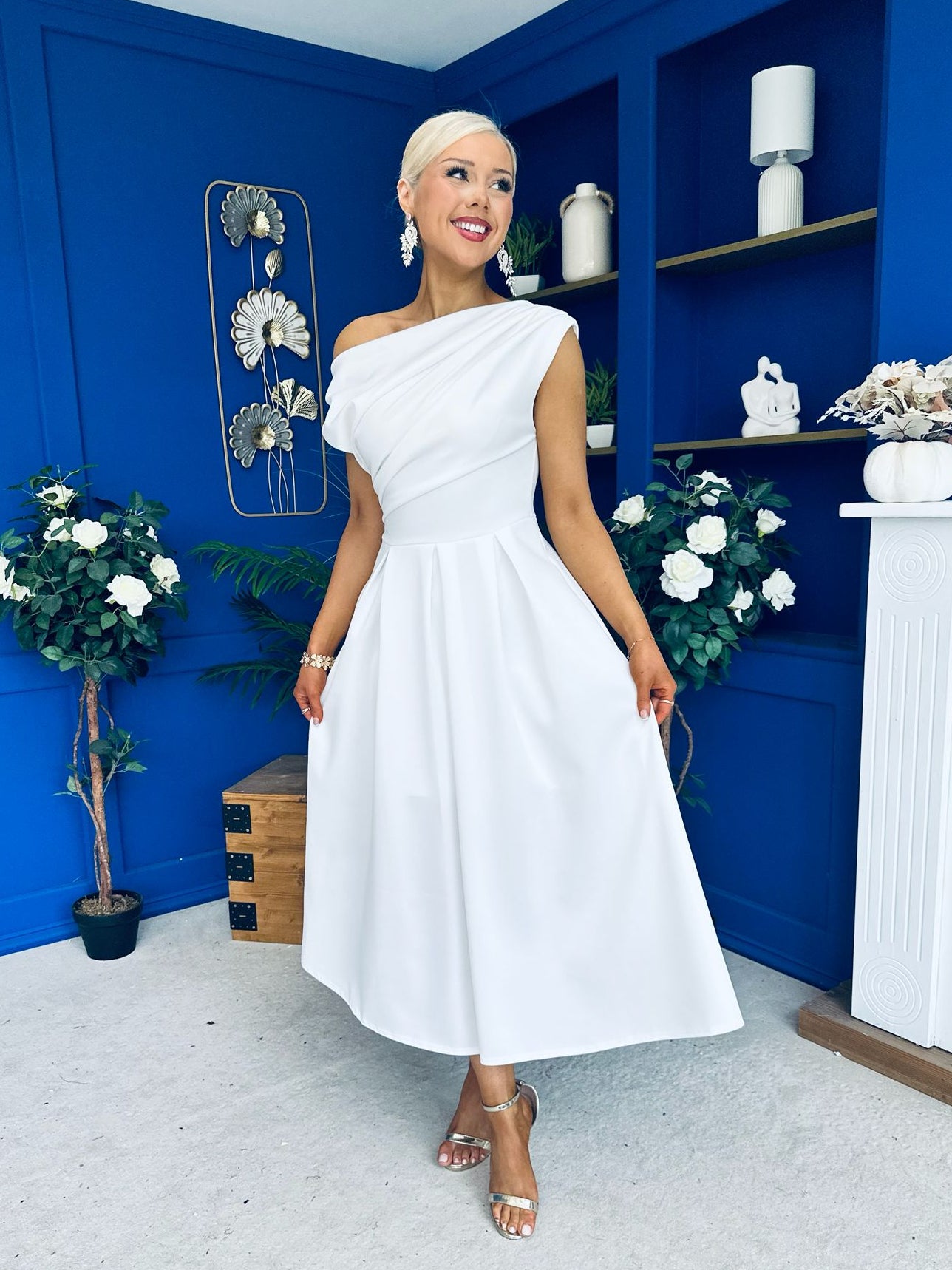 Breffy Asymmetric Neckline Skater Midi White
