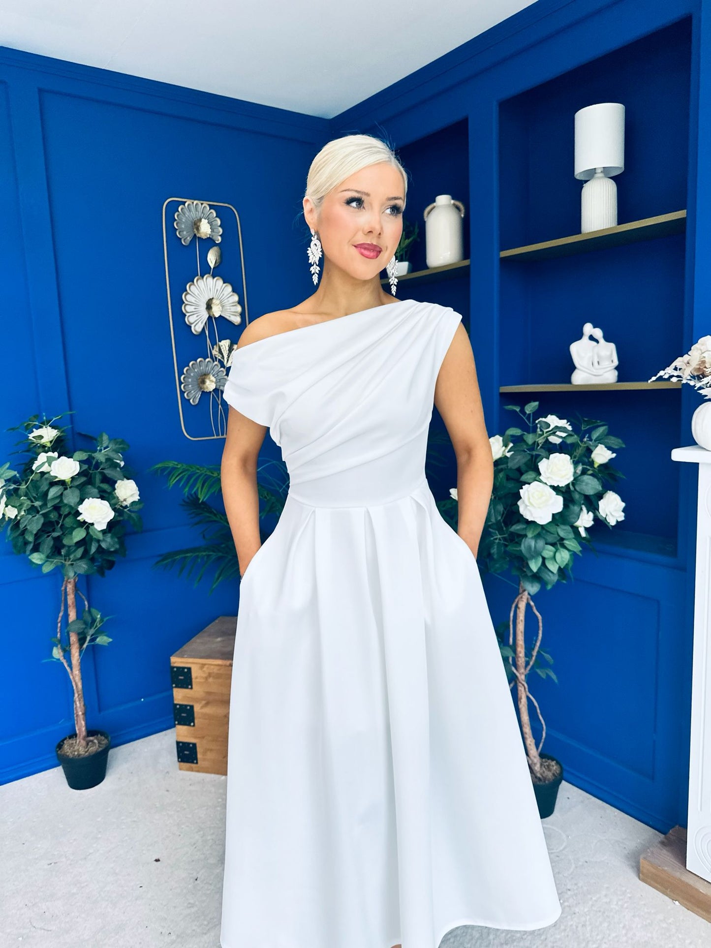 Breffy Asymmetric Neckline Skater Midi White