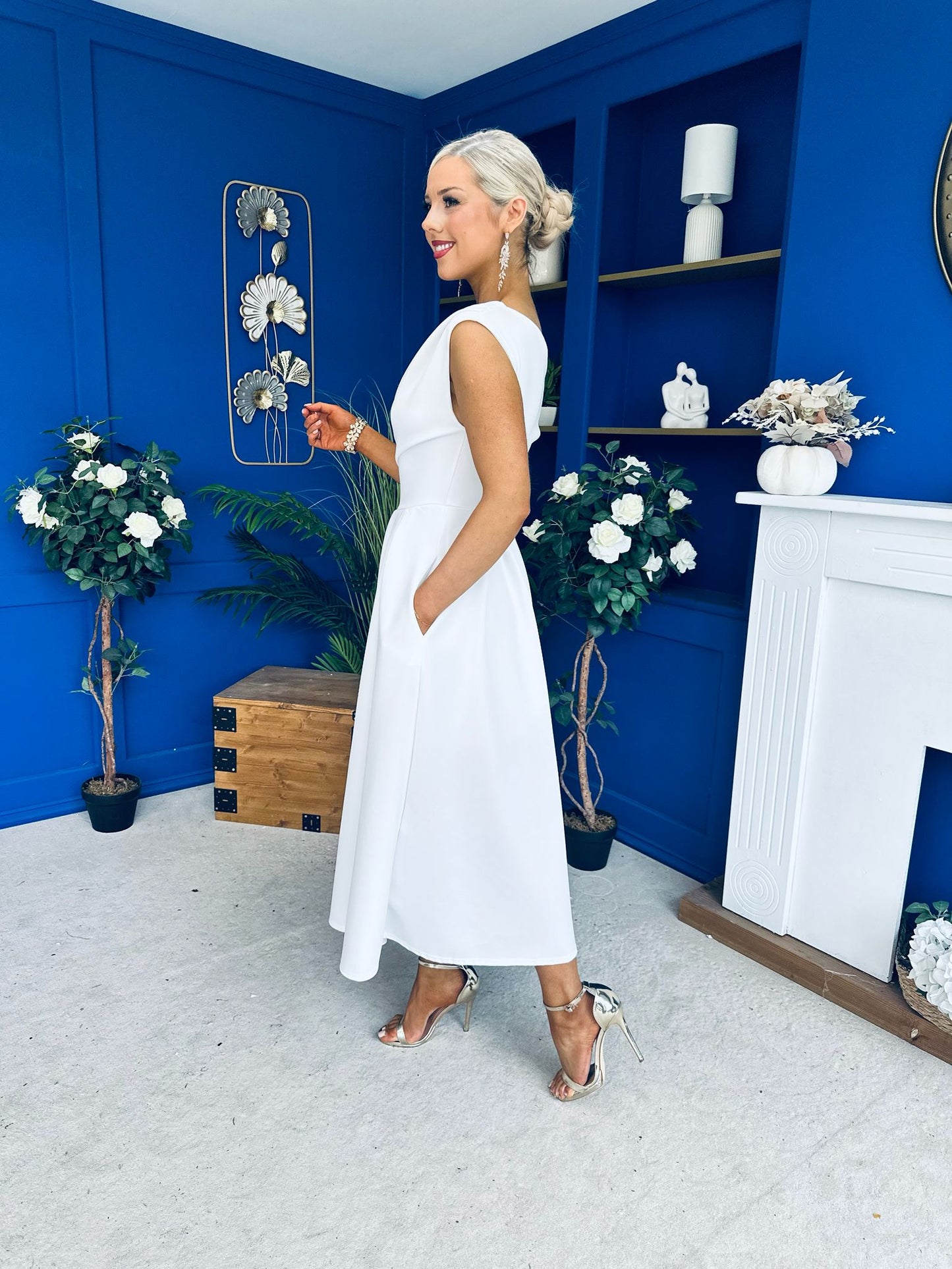Breffy Asymmetric Neckline Skater Midi White