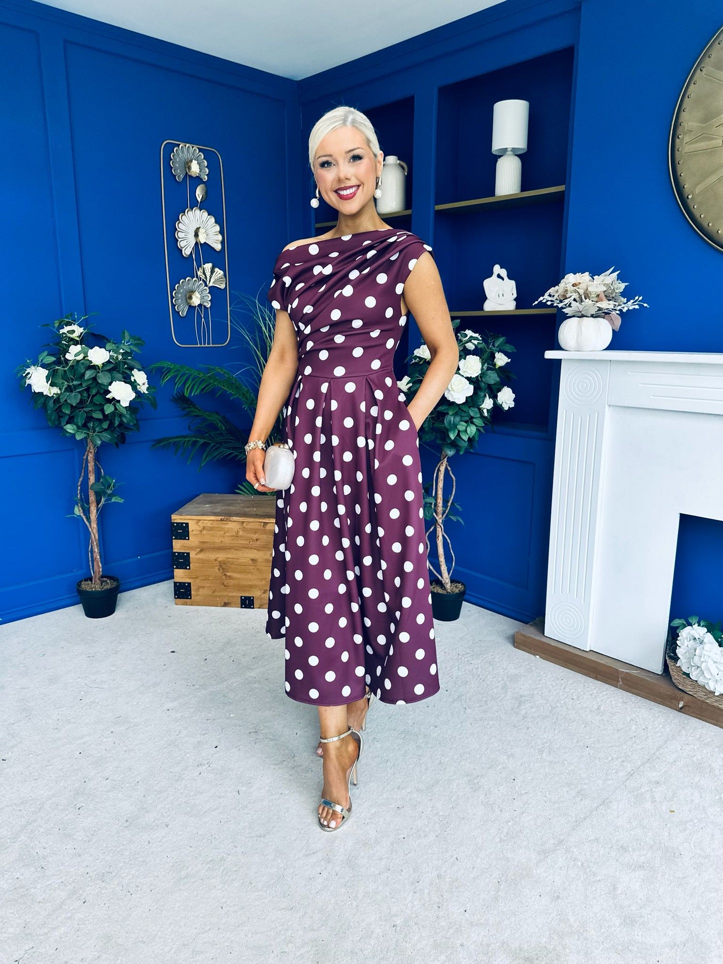 Breffy Asymmetric Neckline Skater Midi Polka Berry