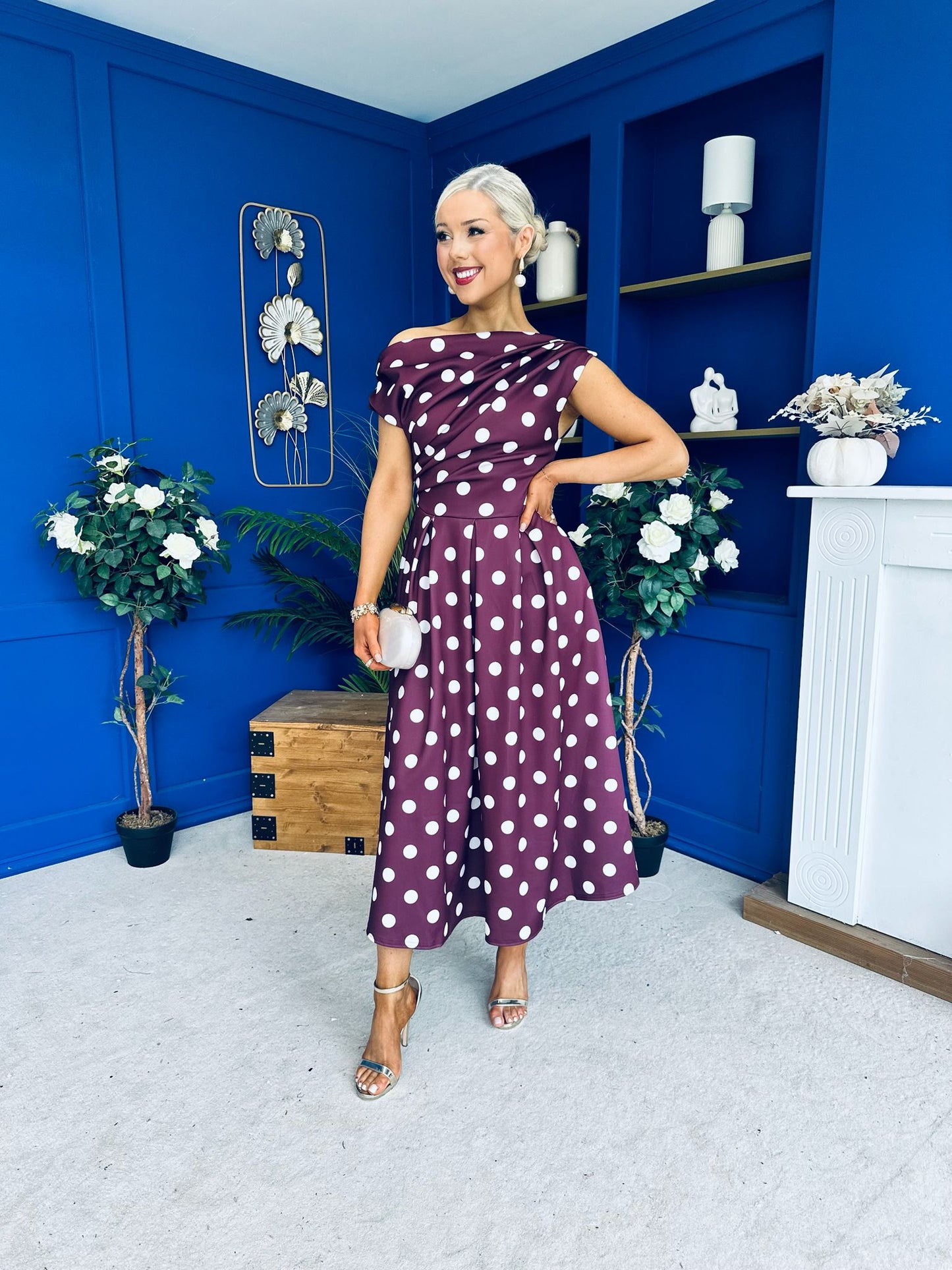 Breffy Asymmetric Neckline Skater Midi Polka Berry