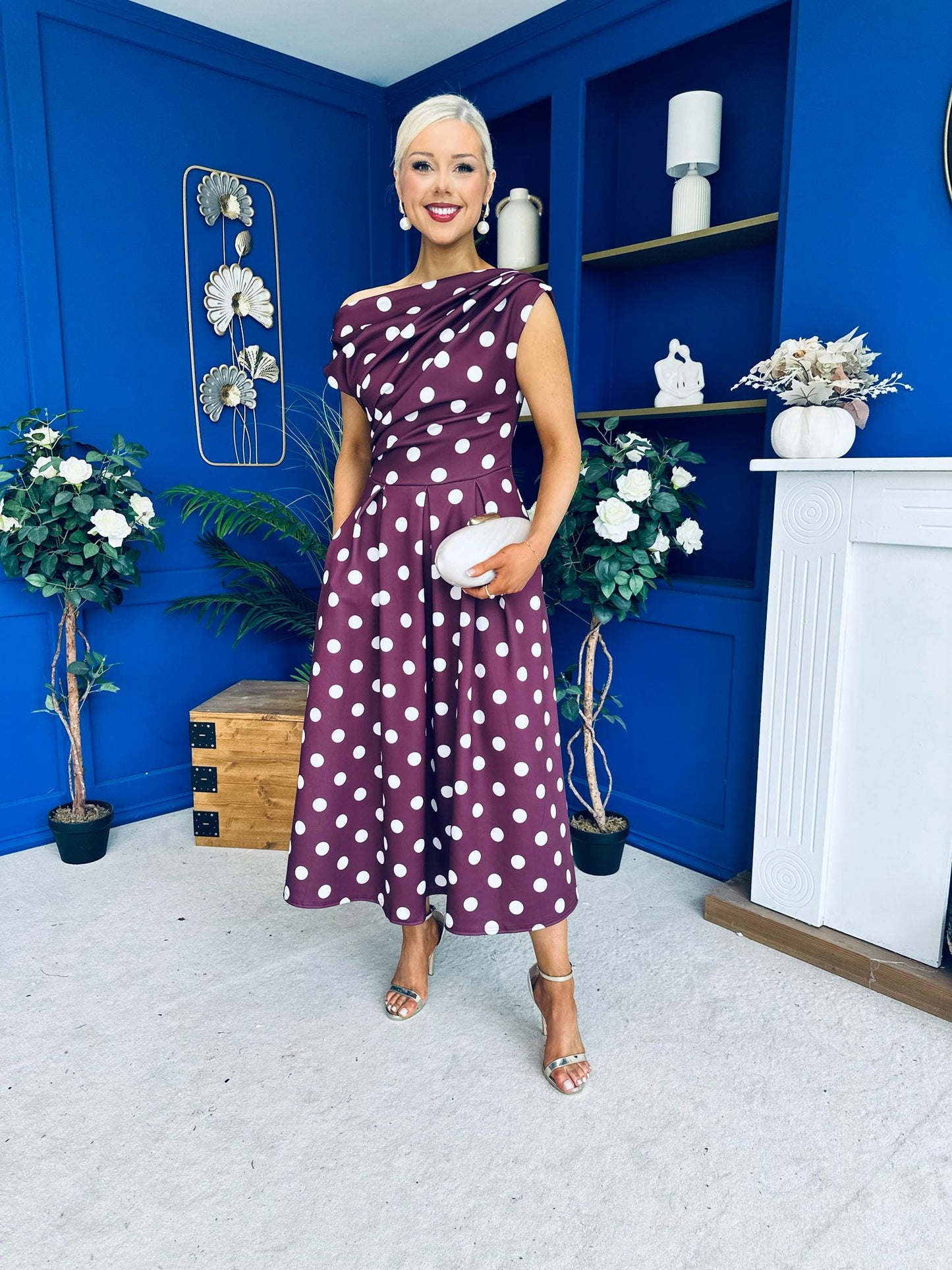 Breffy Asymmetric Neckline Skater Midi Polka Berry