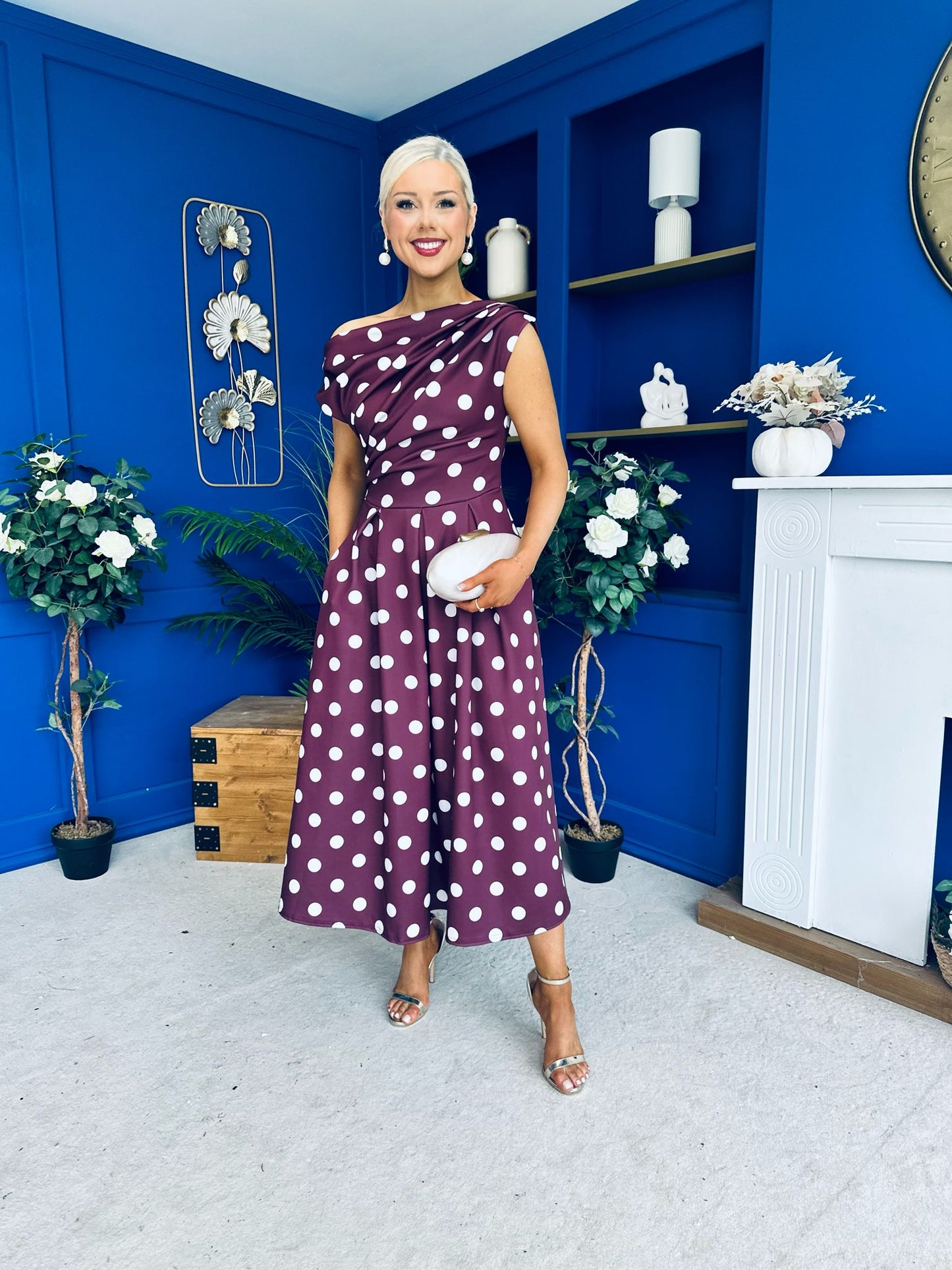 Breffy Asymmetric Neckline Skater Midi Polka Berry