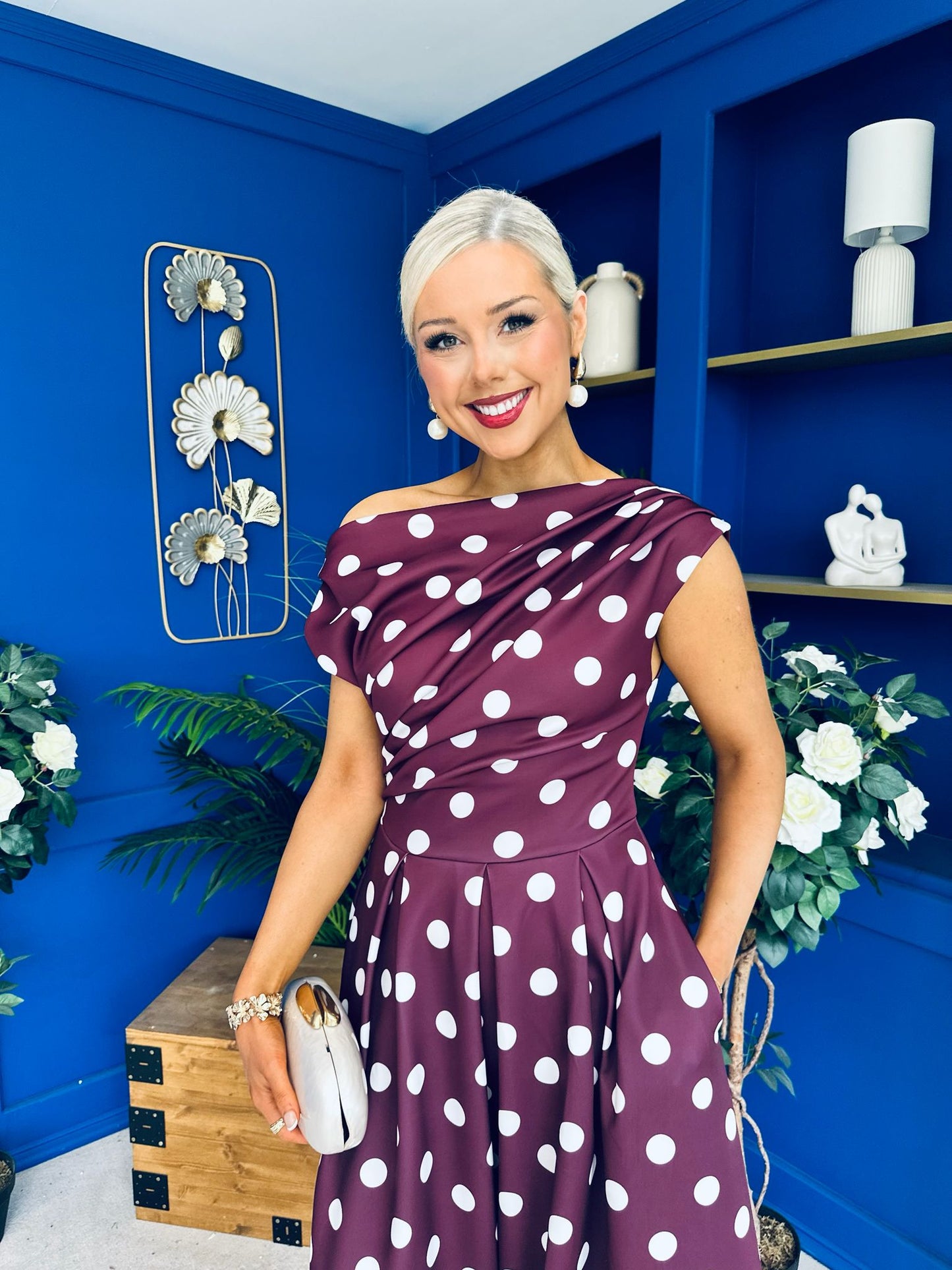 Breffy Asymmetric Neckline Skater Midi Polka Berry