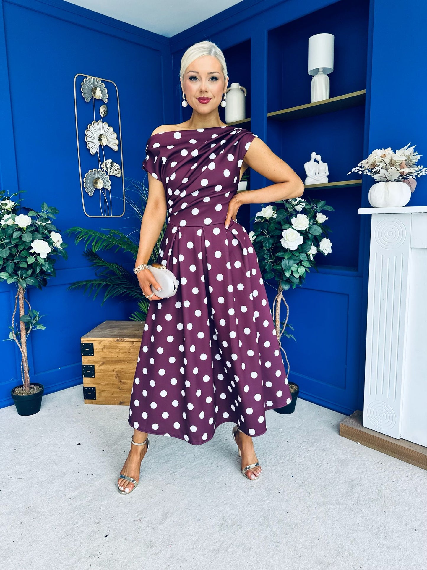 Breffy Asymmetric Neckline Skater Midi Polka Berry