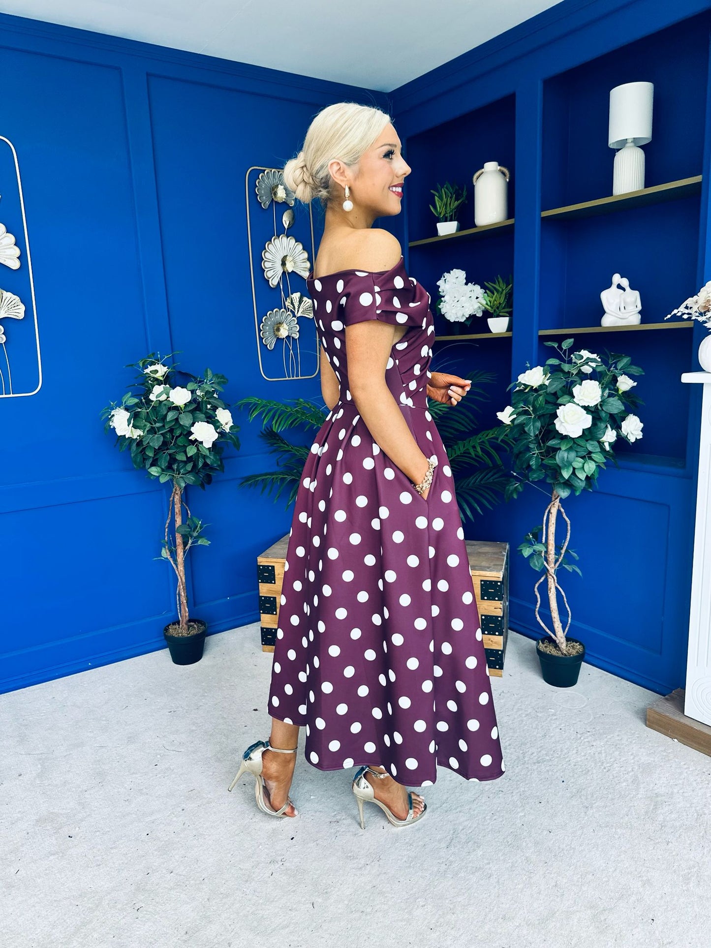 Breffy Asymmetric Neckline Skater Midi Polka Berry