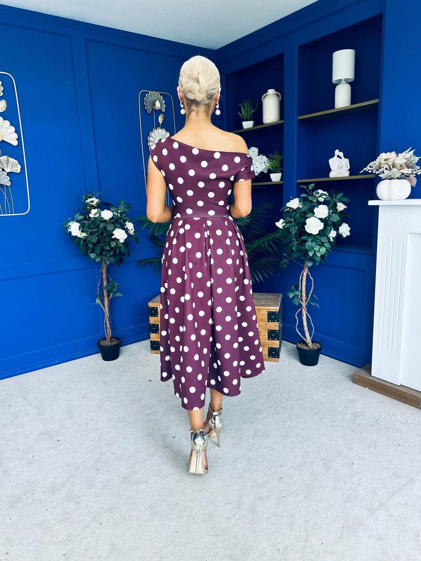 Breffy Asymmetric Neckline Skater Midi Polka Berry