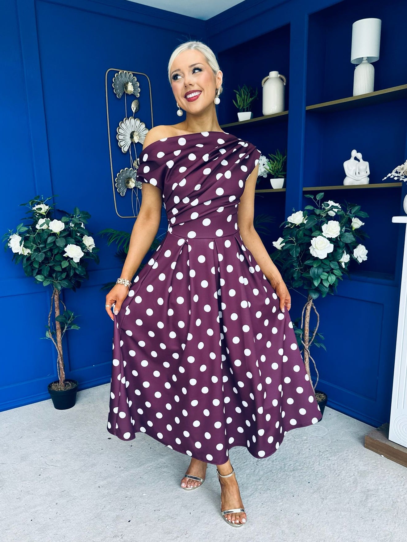 Breffy Asymmetric Neckline Skater Midi Polka Berry