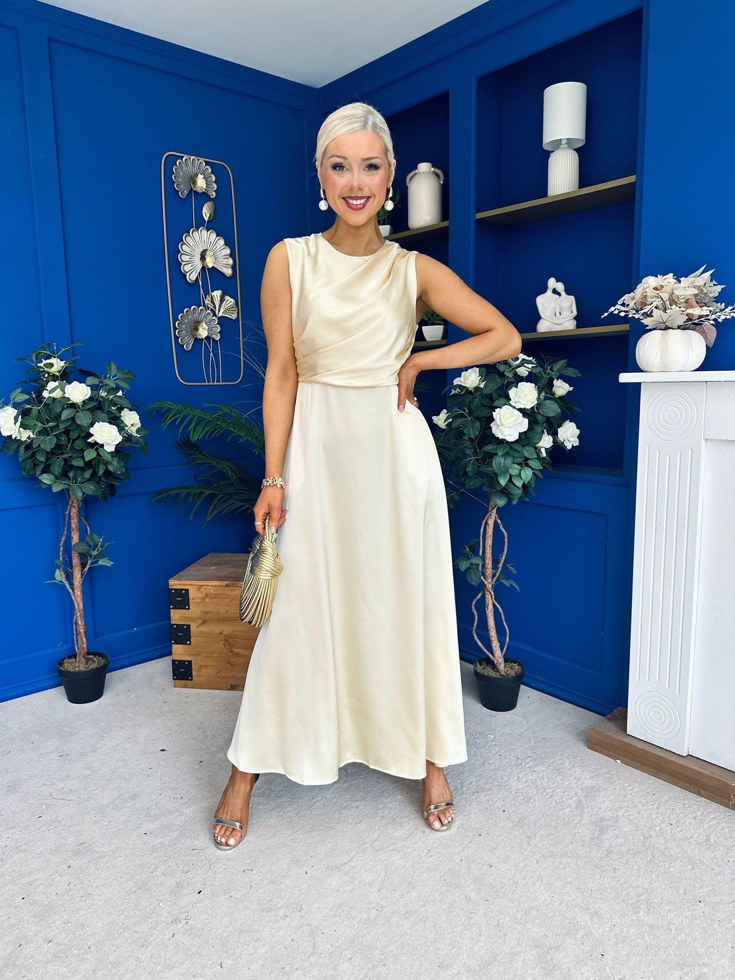 Blake Gathered Satin Occasion Dress Yellow