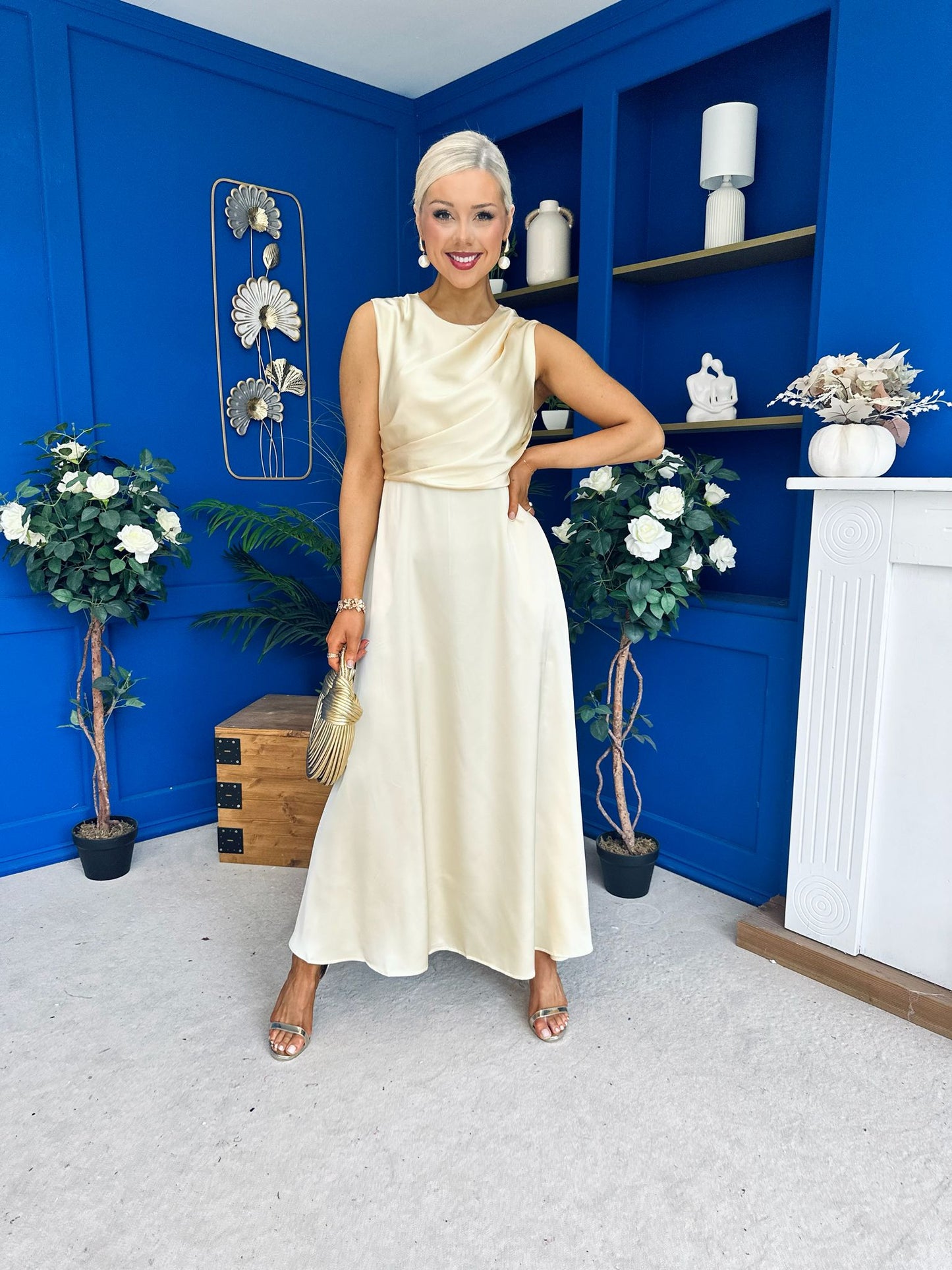 Blake Gathered Satin Occasion Dress Yellow