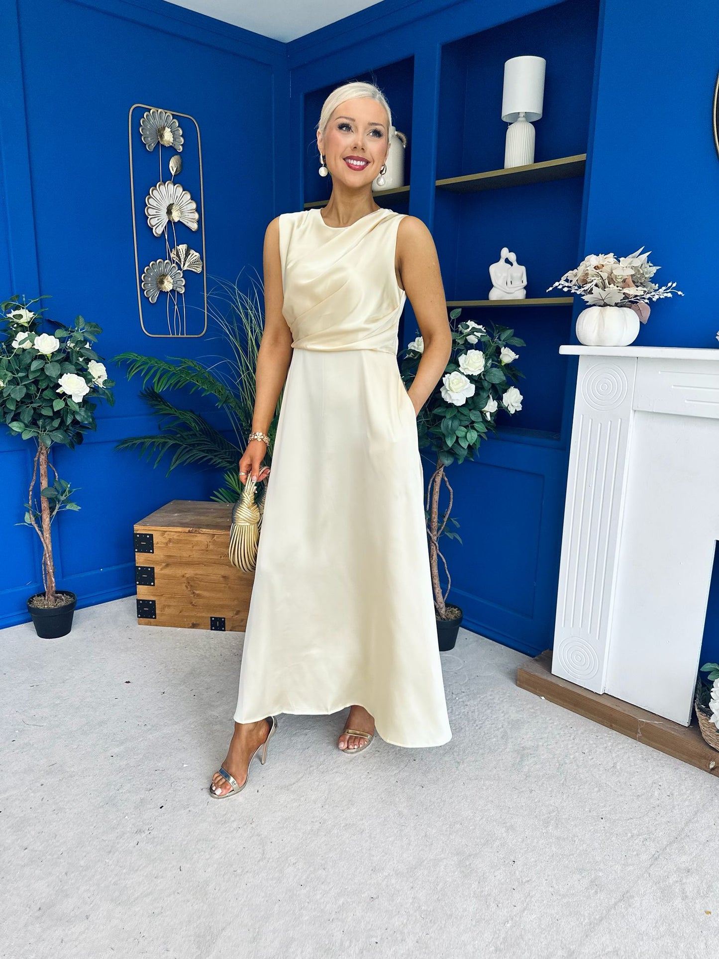 Blake Gathered Satin Occasion Dress Yellow
