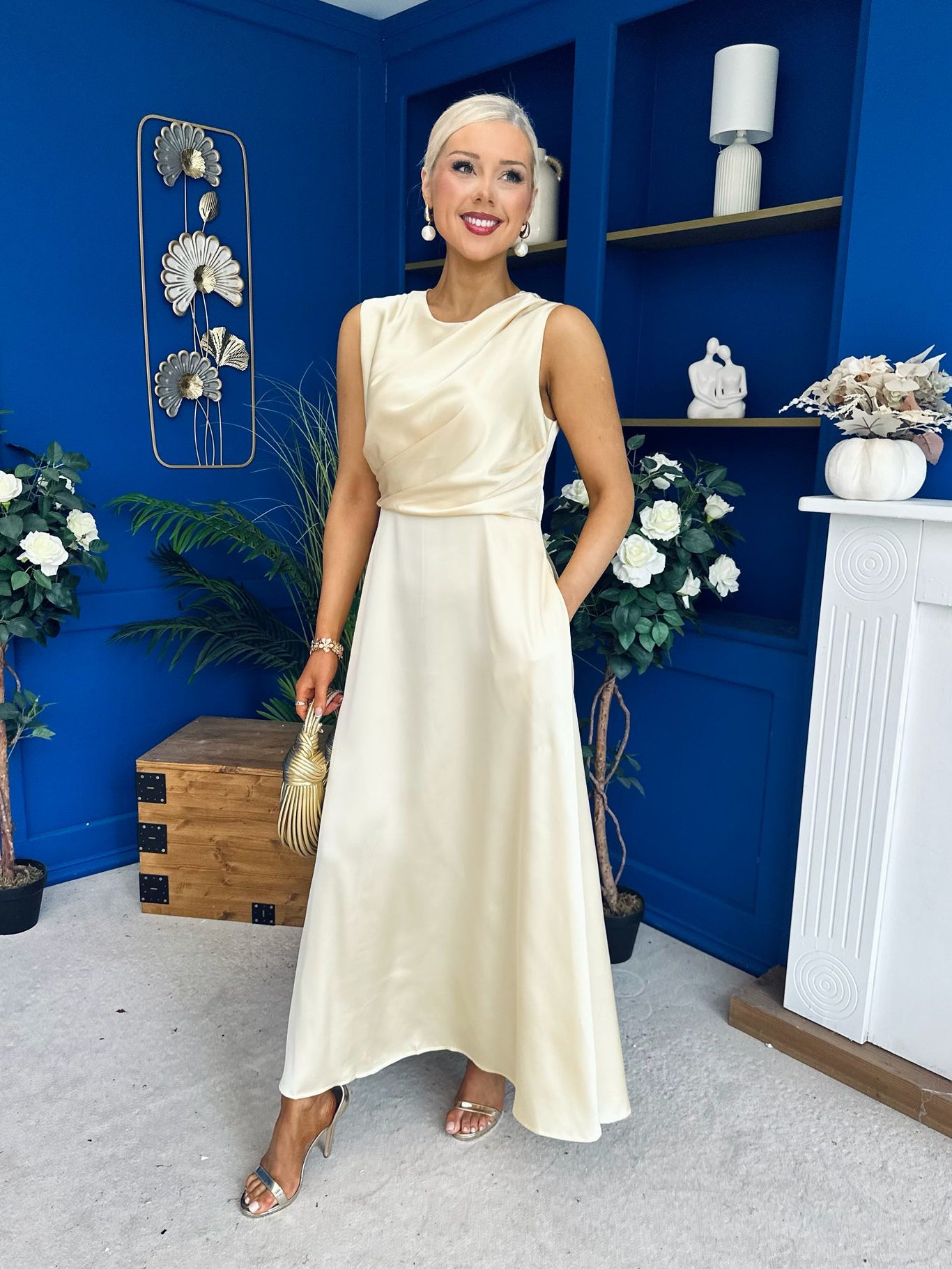 Blake Gathered Satin Occasion Dress Yellow