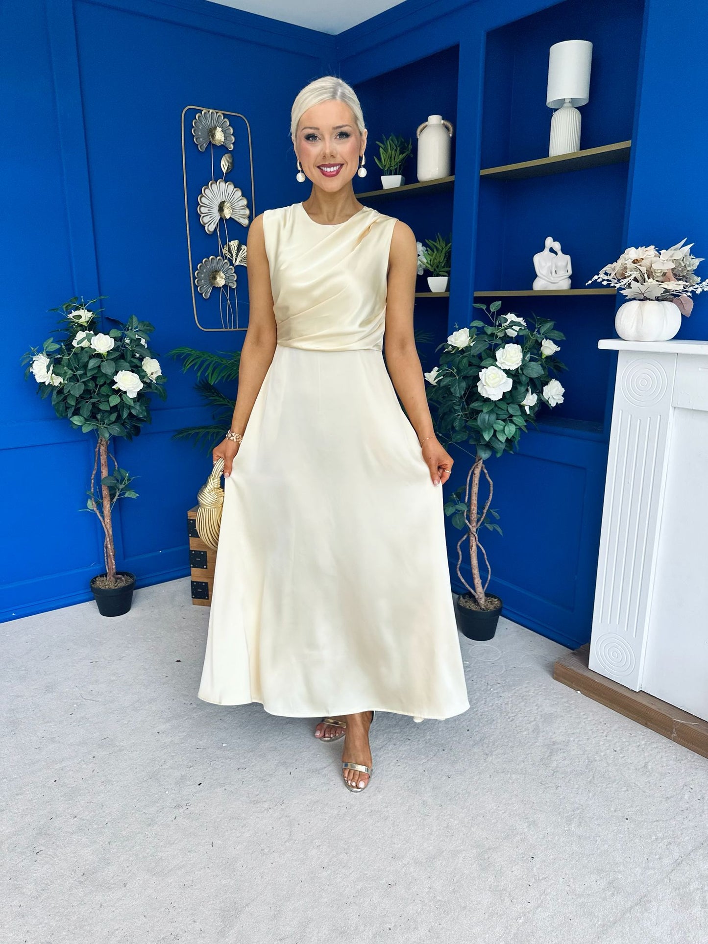 Blake Gathered Satin Occasion Dress Yellow