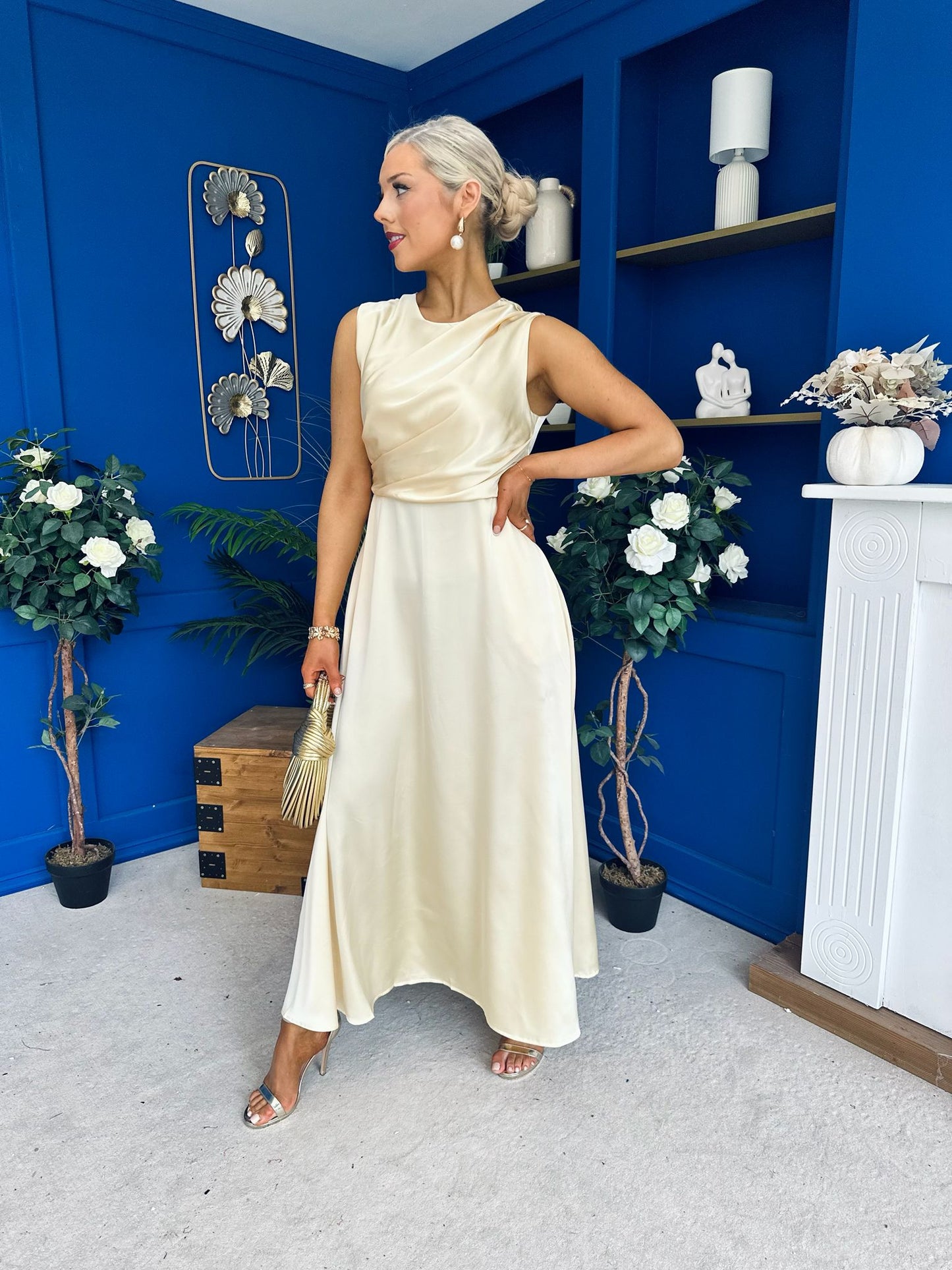 Blake Gathered Satin Occasion Dress Yellow