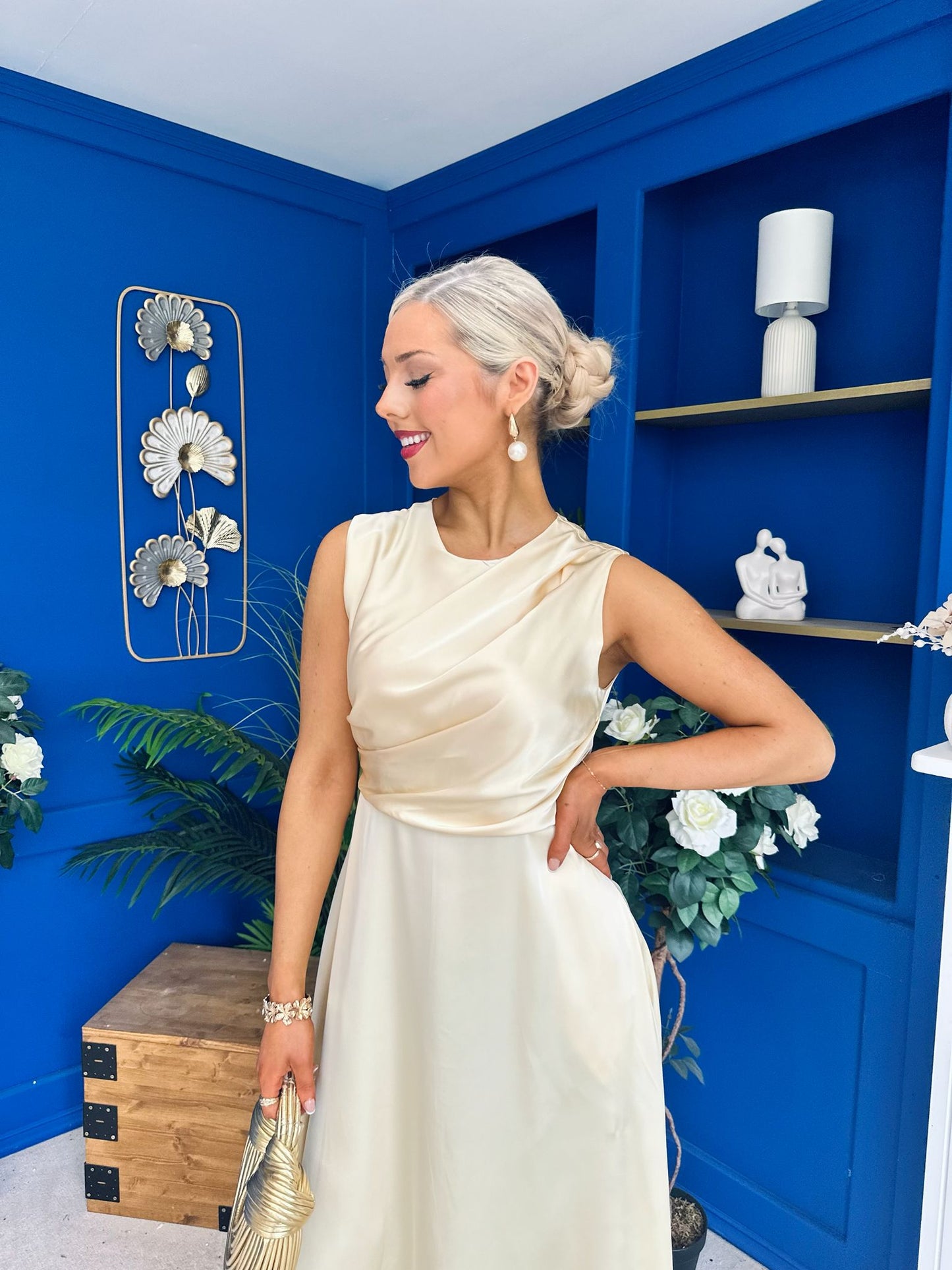 Blake Gathered Satin Occasion Dress Yellow